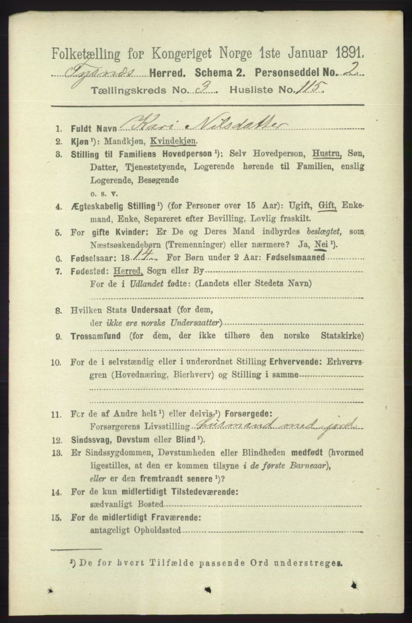 RA, 1891 census for 1223 Tysnes, 1891, p. 1476