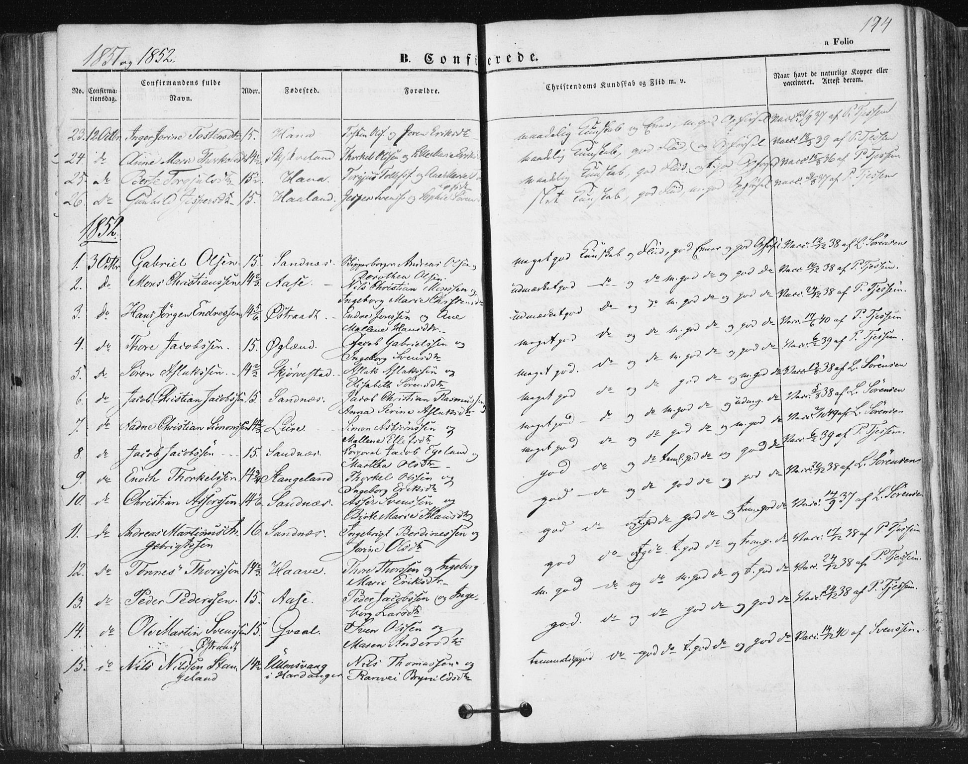 Høyland sokneprestkontor, AV/SAST-A-101799/001/30BA/L0008: Parish register (official) no. A 8, 1841-1856, p. 174