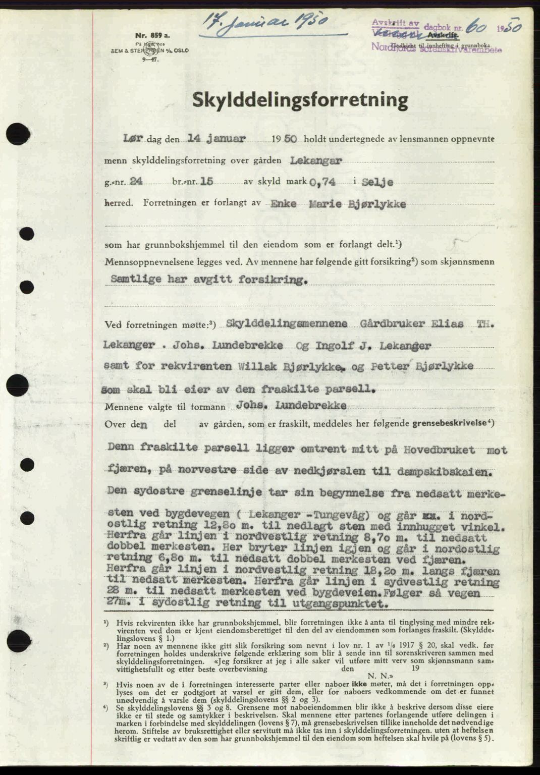 Nordfjord sorenskriveri, SAB/A-2801/02/02b/02bj/L0016a: Mortgage book no. A16 I, 1949-1950, Diary no: : 60/1950