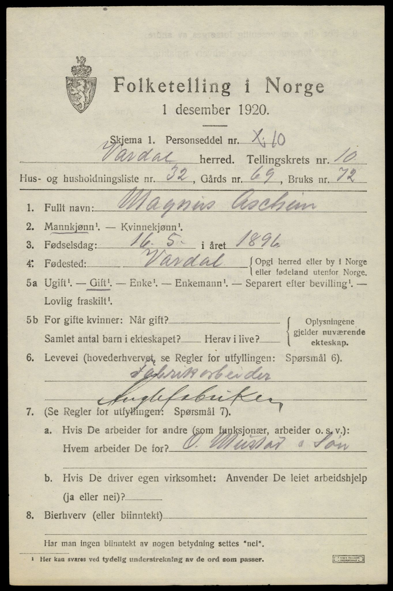 SAH, 1920 census for Vardal, 1920, p. 9023