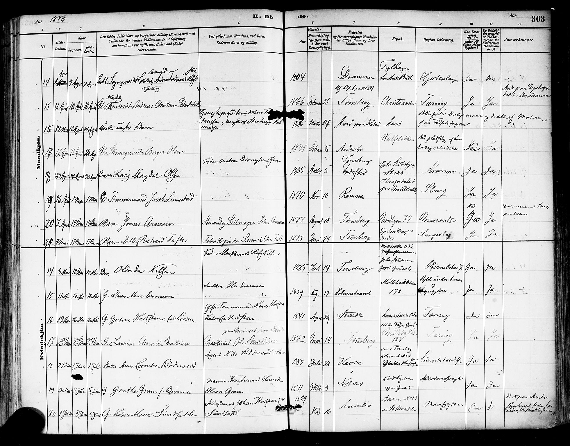 Tønsberg kirkebøker, AV/SAKO-A-330/F/Fa/L0011: Parish register (official) no. I 11, 1881-1890, p. 363