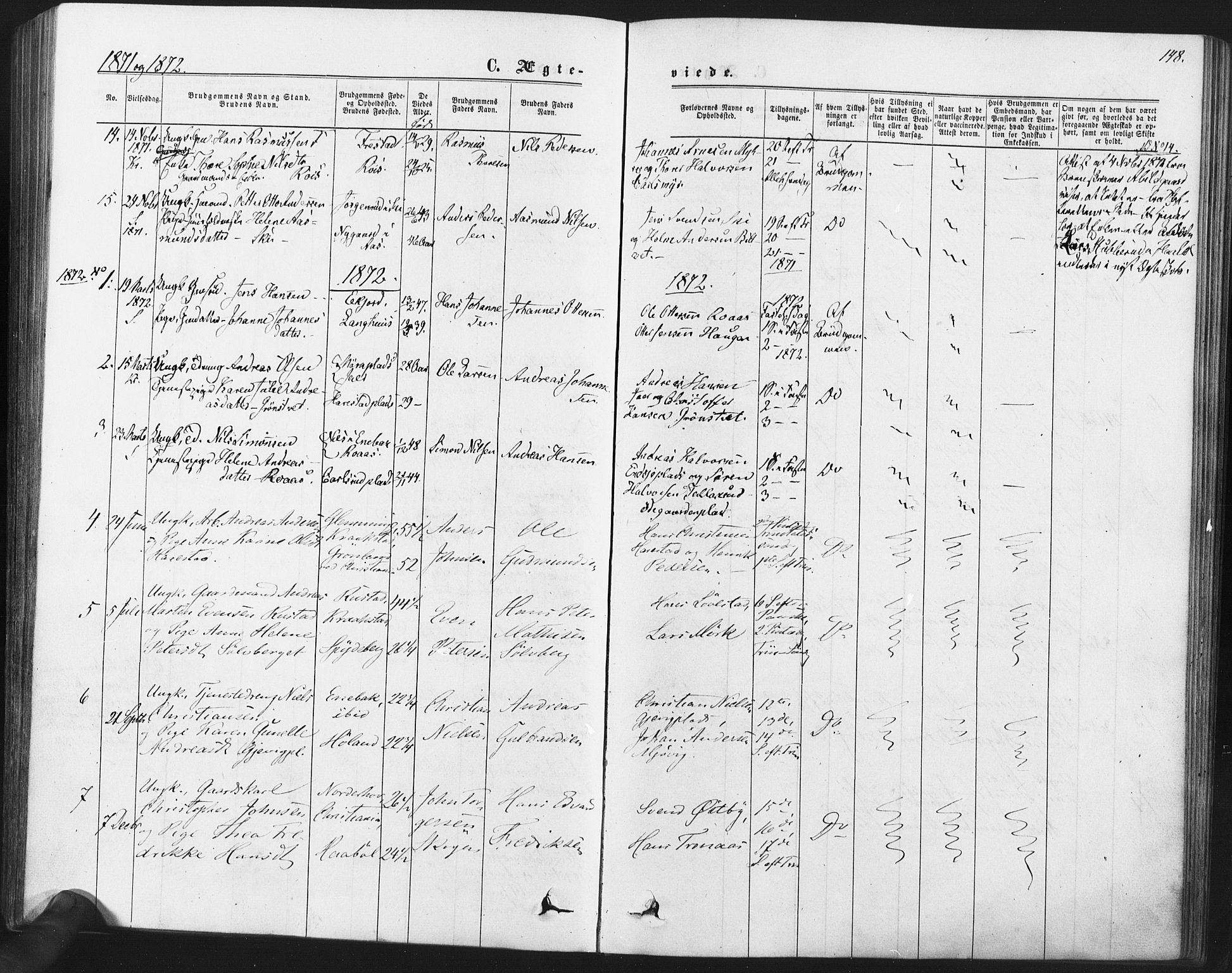 Kråkstad prestekontor Kirkebøker, SAO/A-10125a/F/Fa/L0008: Parish register (official) no. I 8, 1870-1879, p. 148
