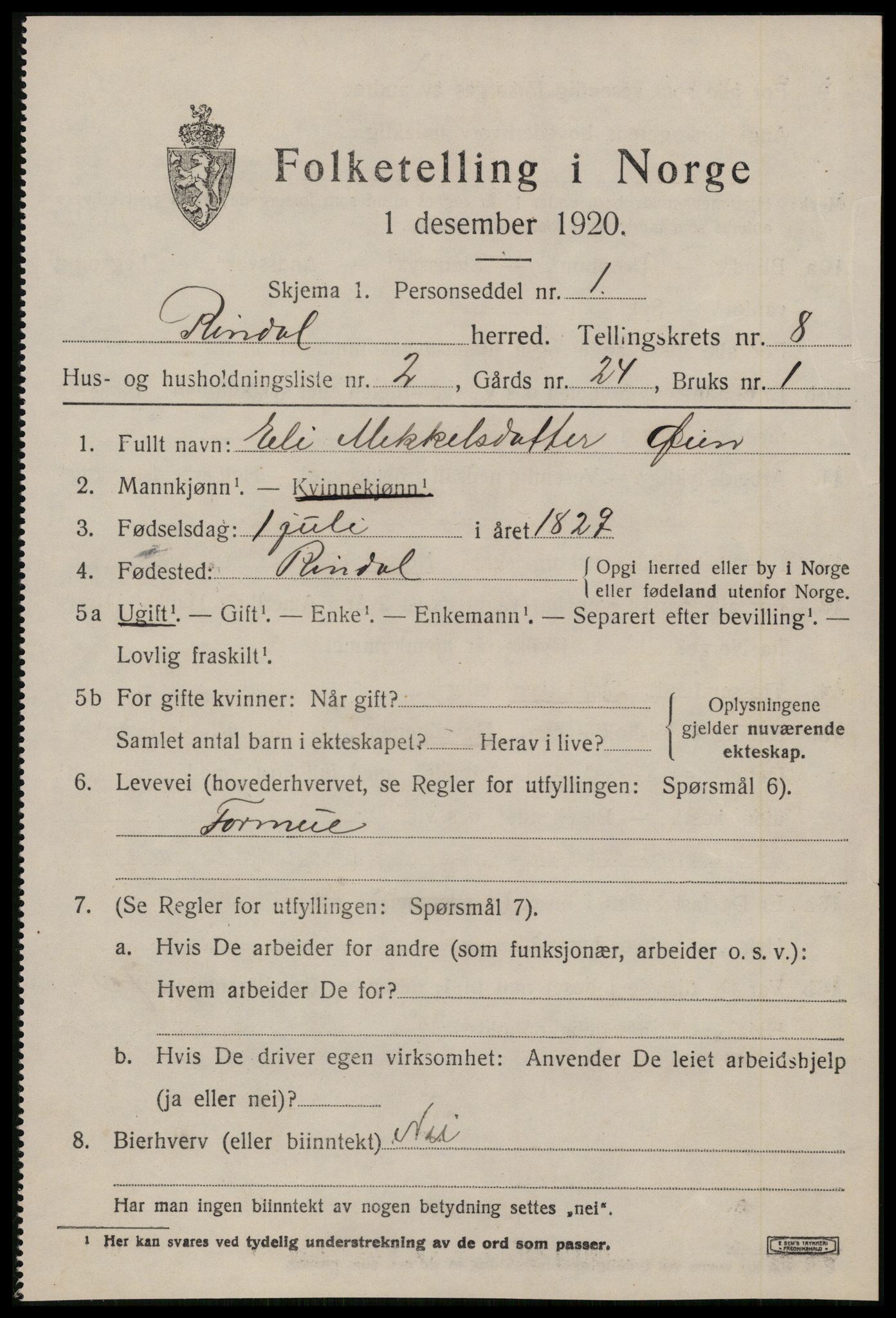 SAT, 1920 census for Rindal, 1920, p. 3950