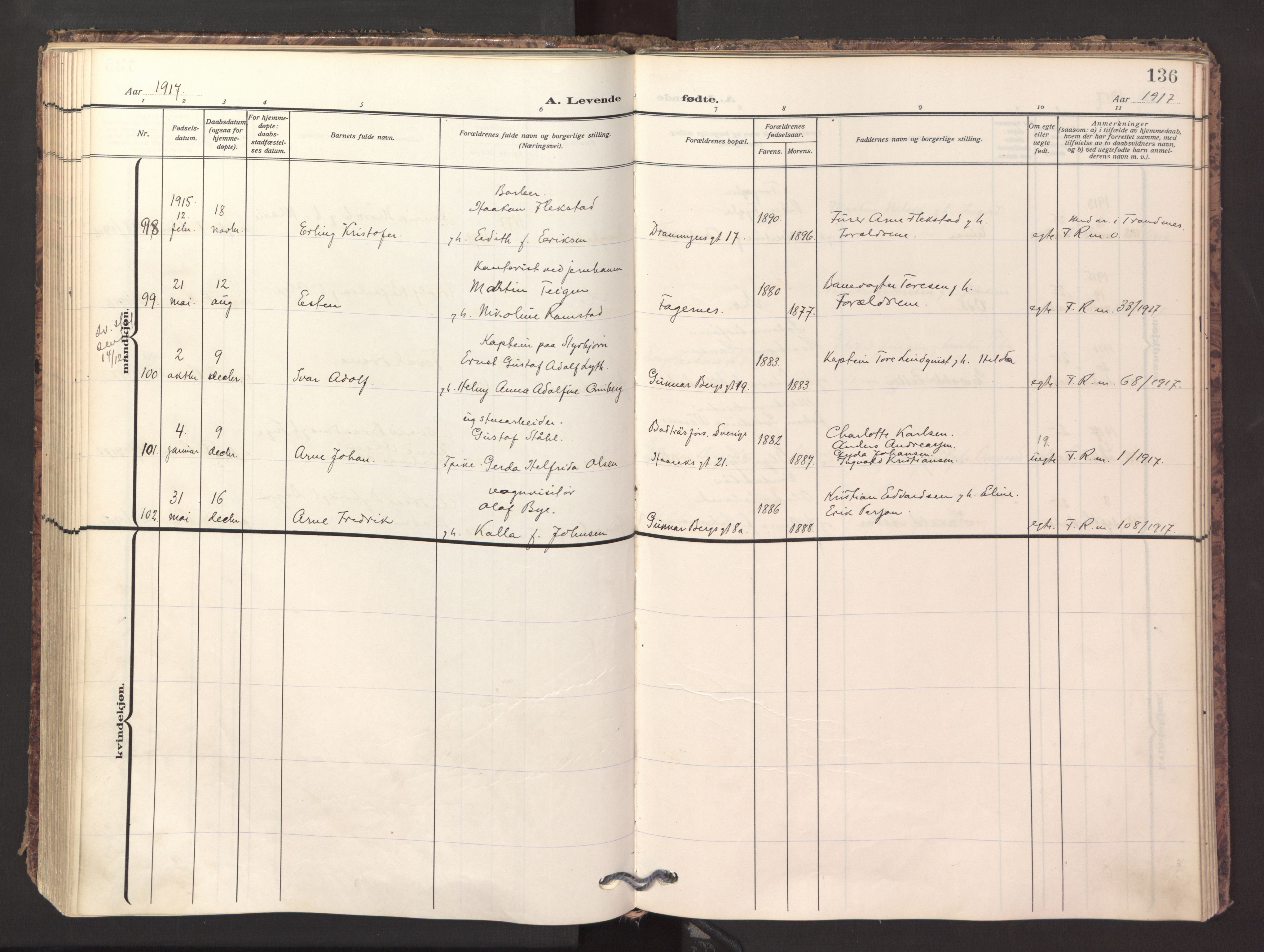 Ministerialprotokoller, klokkerbøker og fødselsregistre - Nordland, SAT/A-1459/871/L1001: Parish register (official) no. 871A17, 1911-1921, p. 136