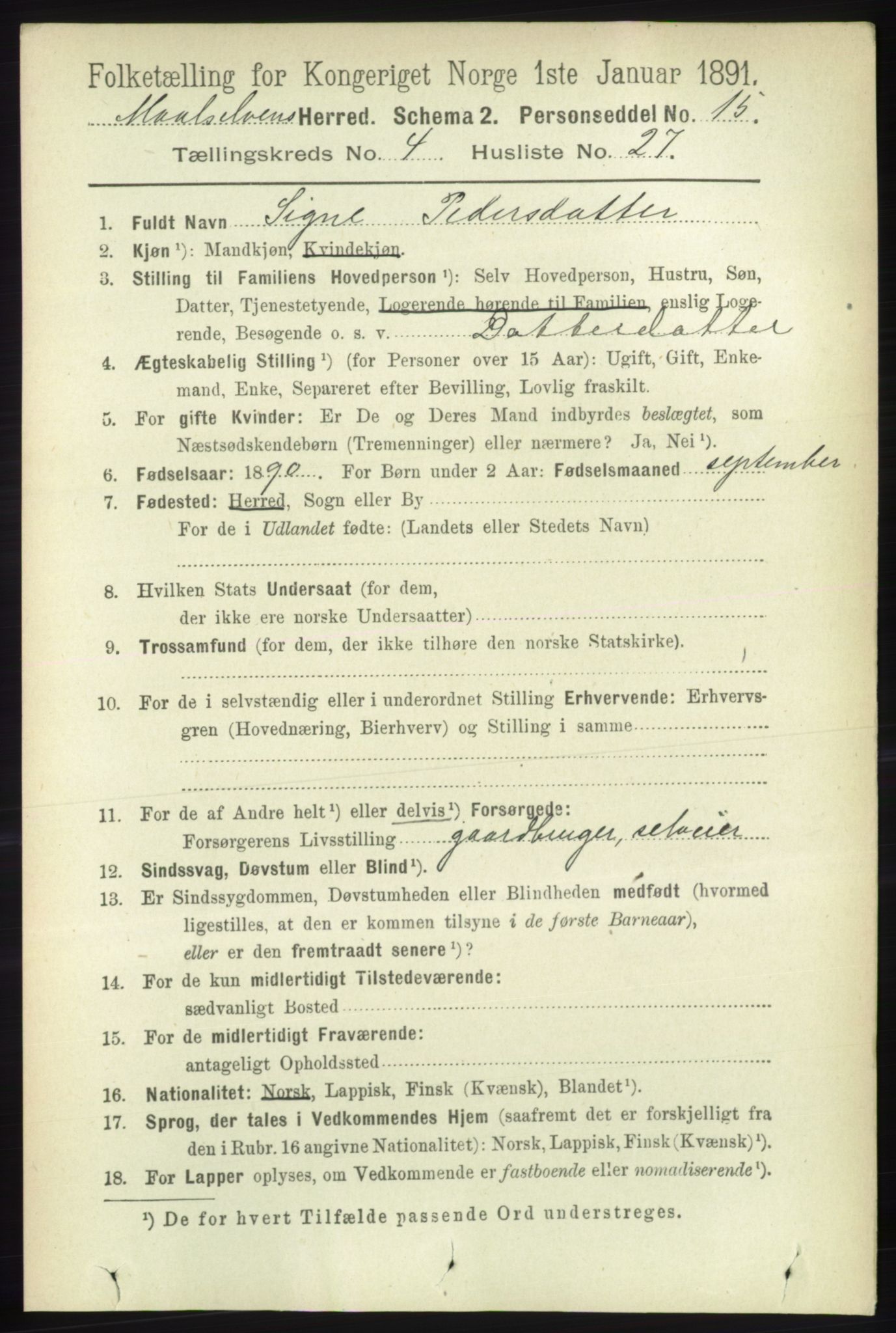 RA, 1891 census for 1924 Målselv, 1891, p. 1291
