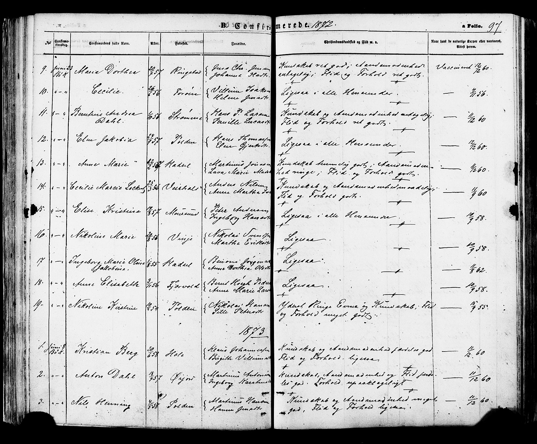 Ministerialprotokoller, klokkerbøker og fødselsregistre - Nordland, SAT/A-1459/891/L1301: Parish register (official) no. 891A06, 1870-1878, p. 97