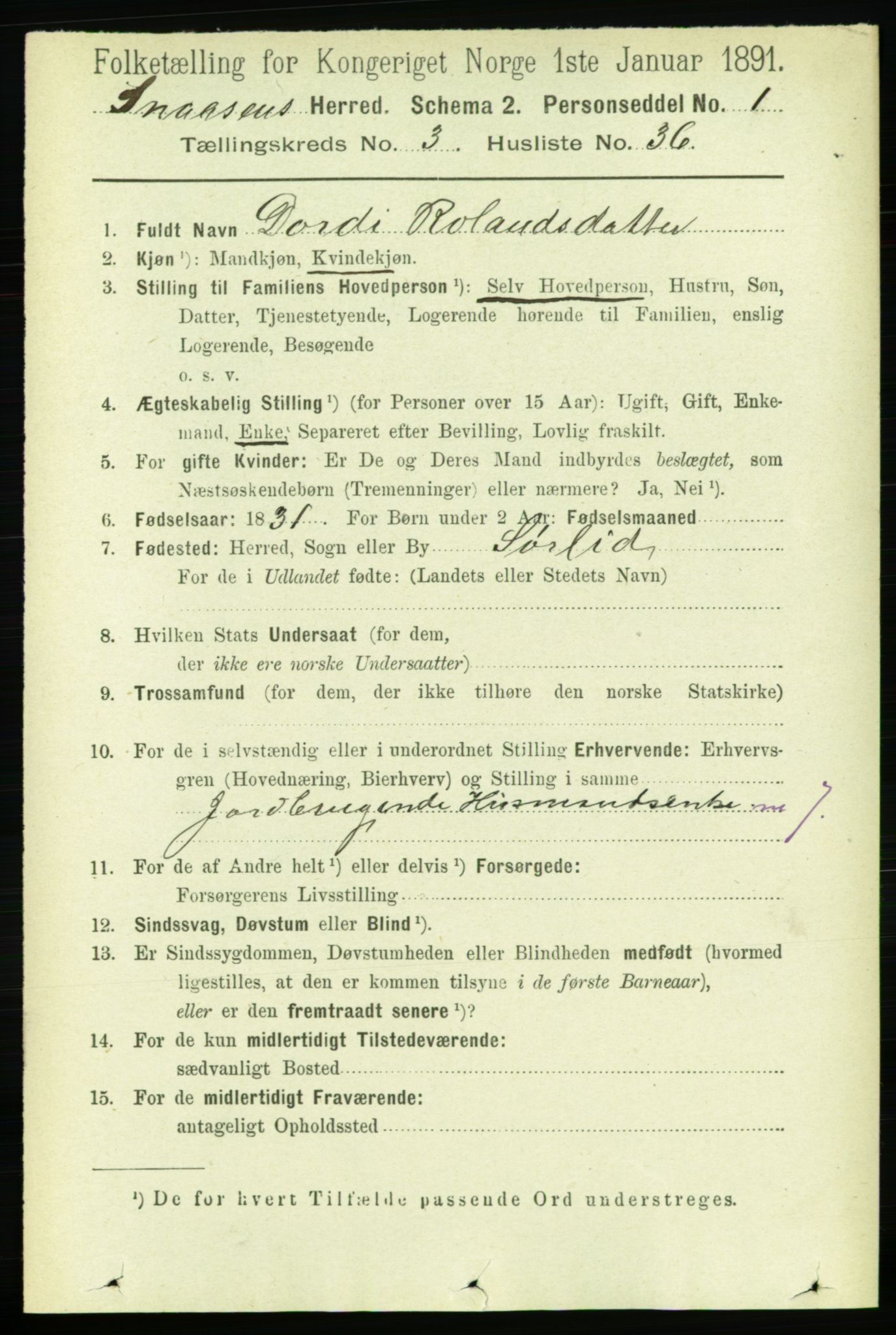 RA, 1891 census for 1736 Snåsa, 1891, p. 853