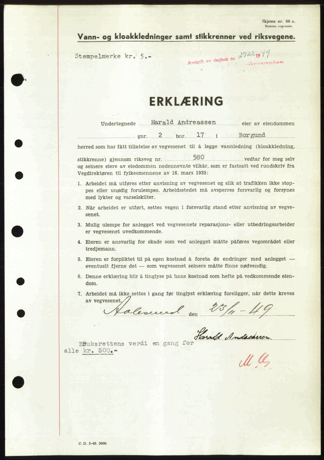 Nordre Sunnmøre sorenskriveri, AV/SAT-A-0006/1/2/2C/2Ca: Mortgage book no. A33, 1949-1950, Diary no: : 2722/1949