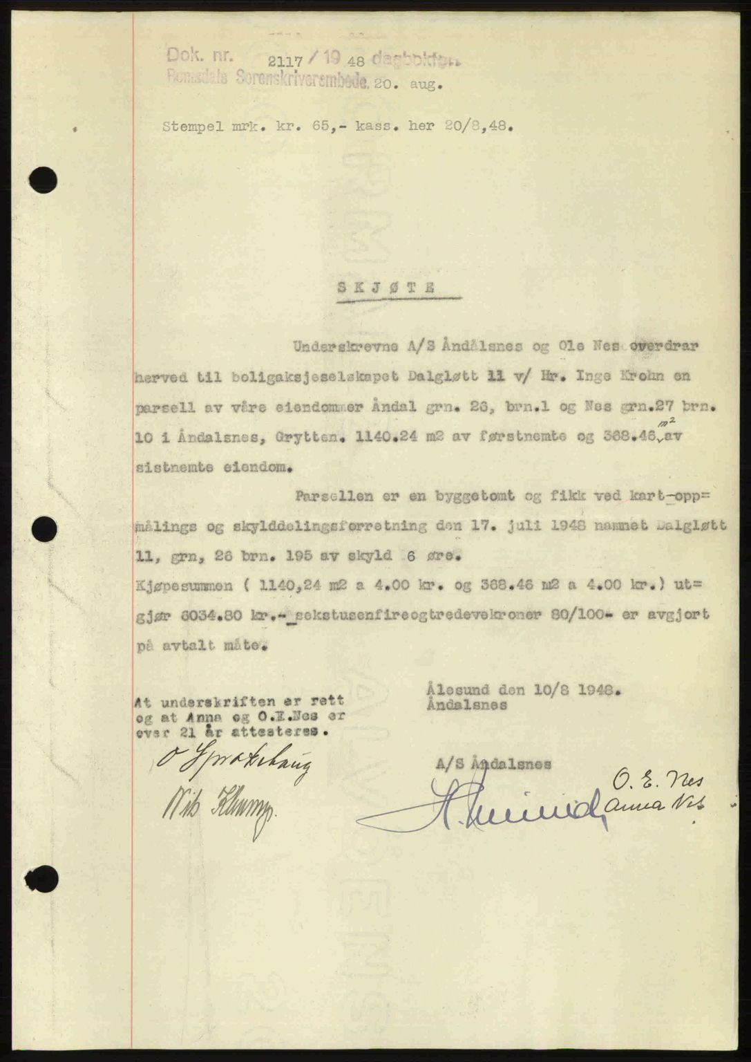 Romsdal sorenskriveri, AV/SAT-A-4149/1/2/2C: Mortgage book no. A27, 1948-1948, Diary no: : 2117/1948