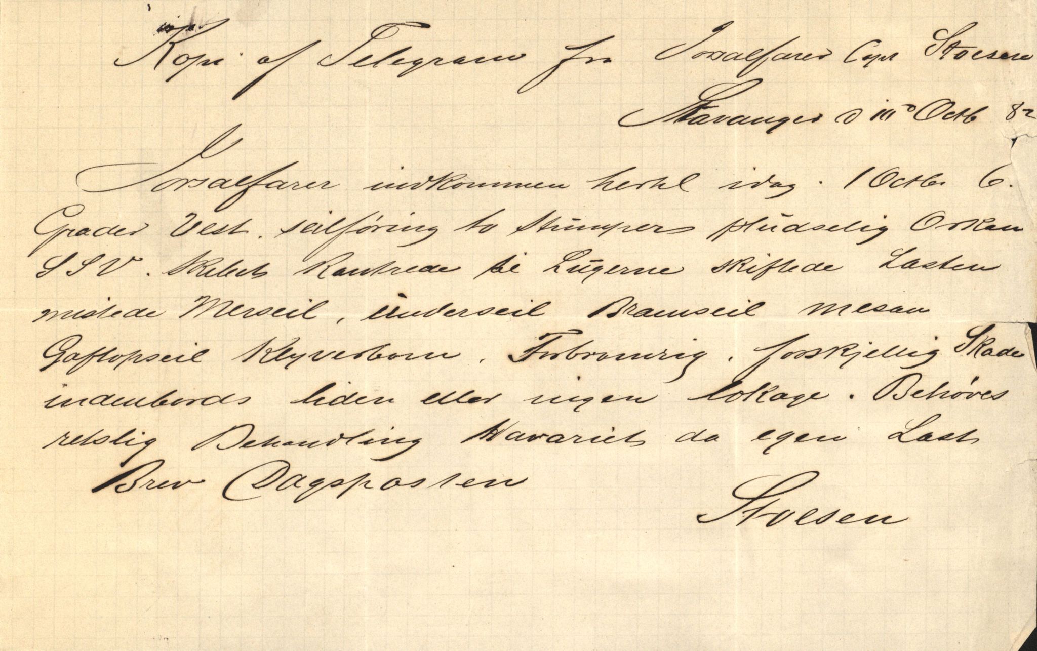 Pa 63 - Østlandske skibsassuranceforening, VEMU/A-1079/G/Ga/L0014/0011: Havaridokumenter / Agra, Anna, Jorsalfarer, Alfen, Uller, Solon, 1882, p. 23