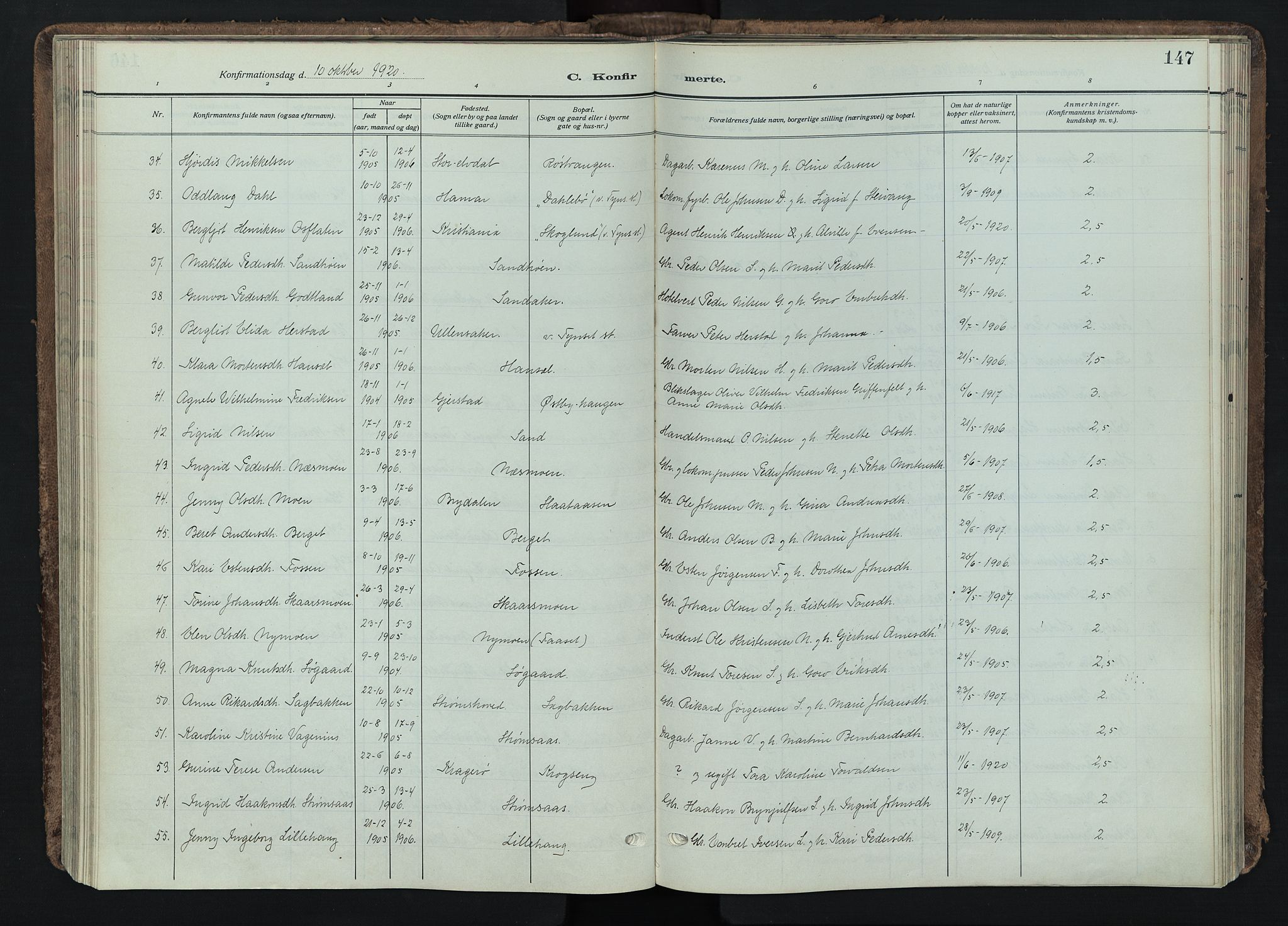 Tynset prestekontor, SAH/PREST-058/H/Ha/Haa/L0026: Parish register (official) no. 26, 1915-1929, p. 147