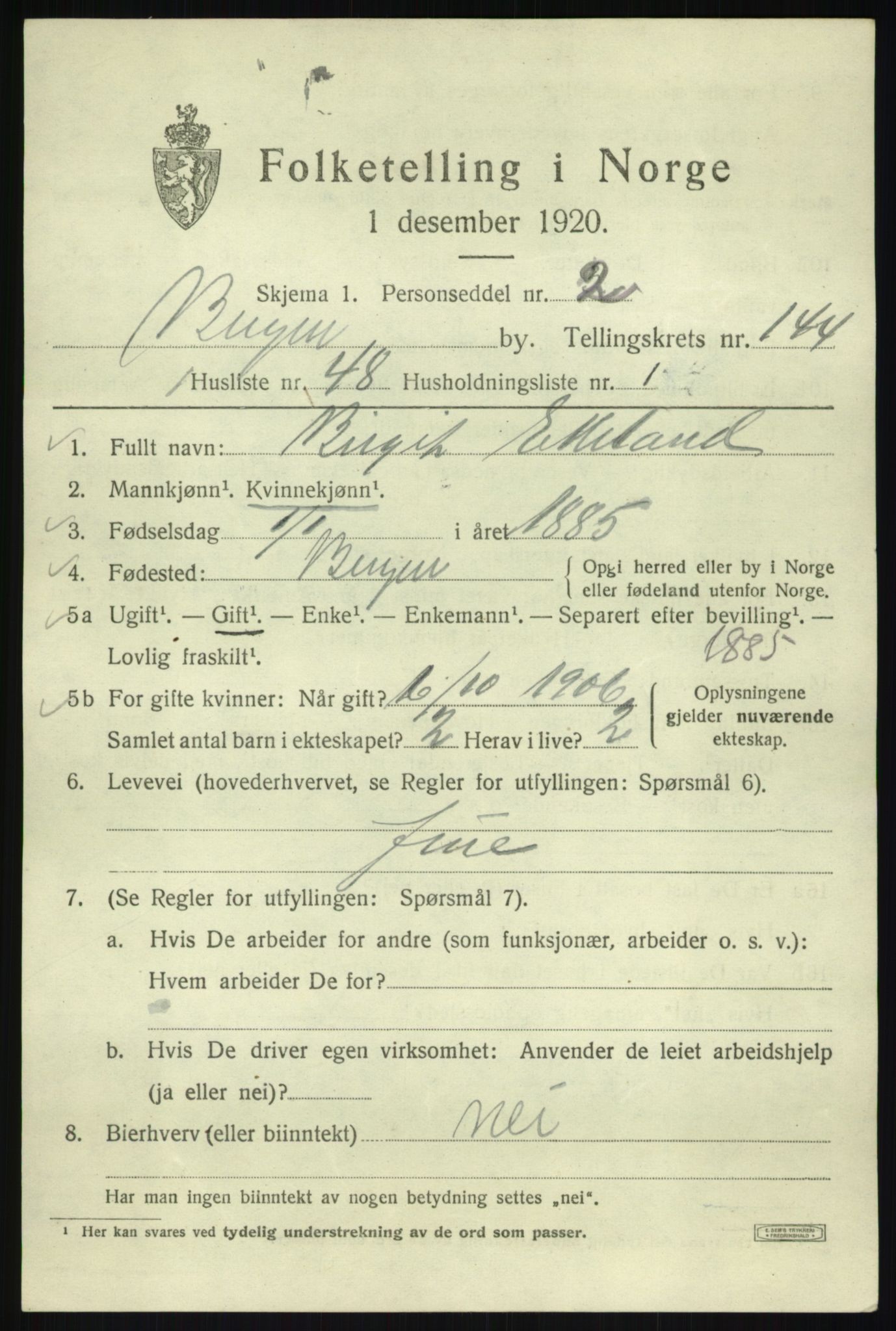 SAB, 1920 census for Bergen, 1920, p. 241594