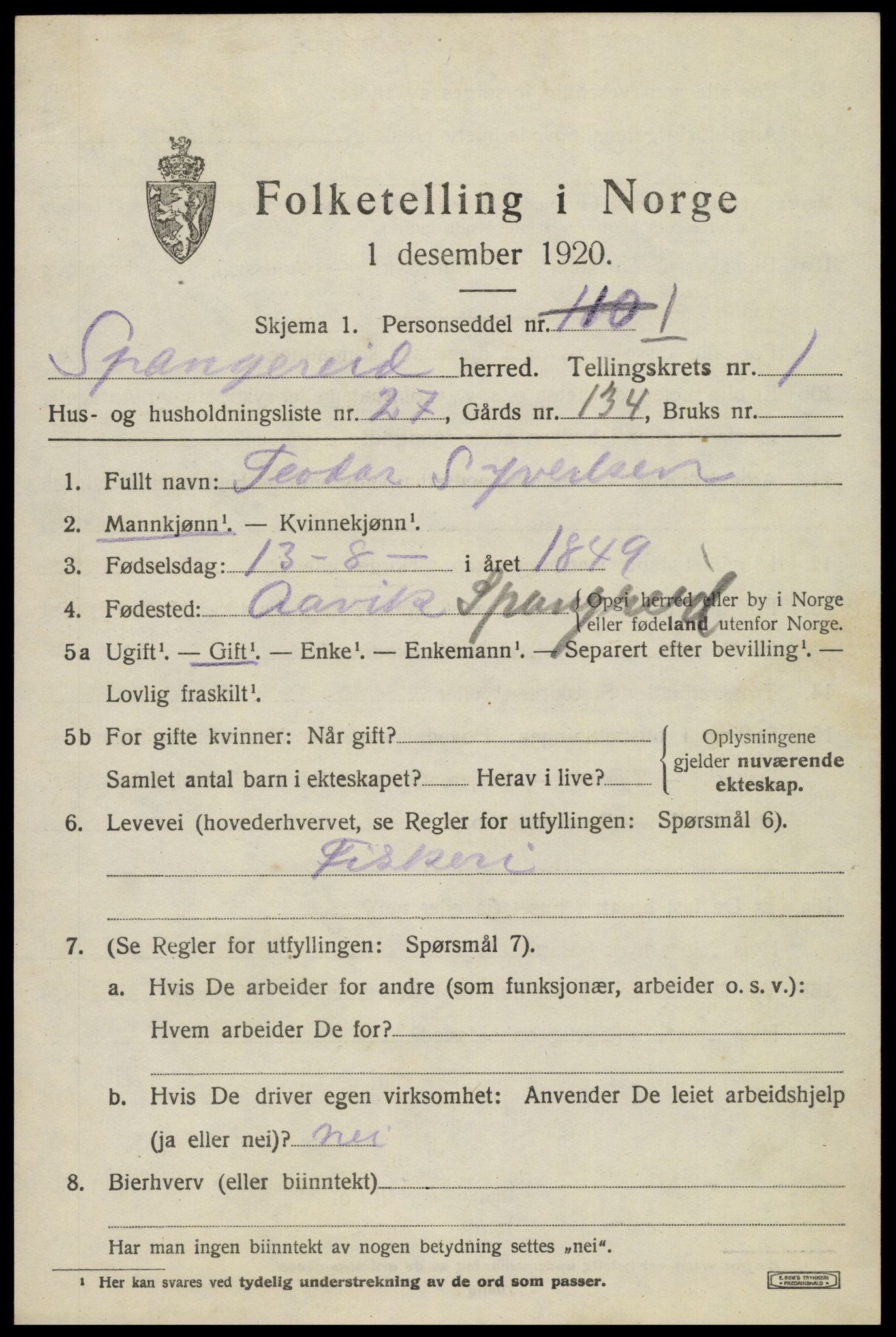 SAK, 1920 census for Spangereid, 1920, p. 1047