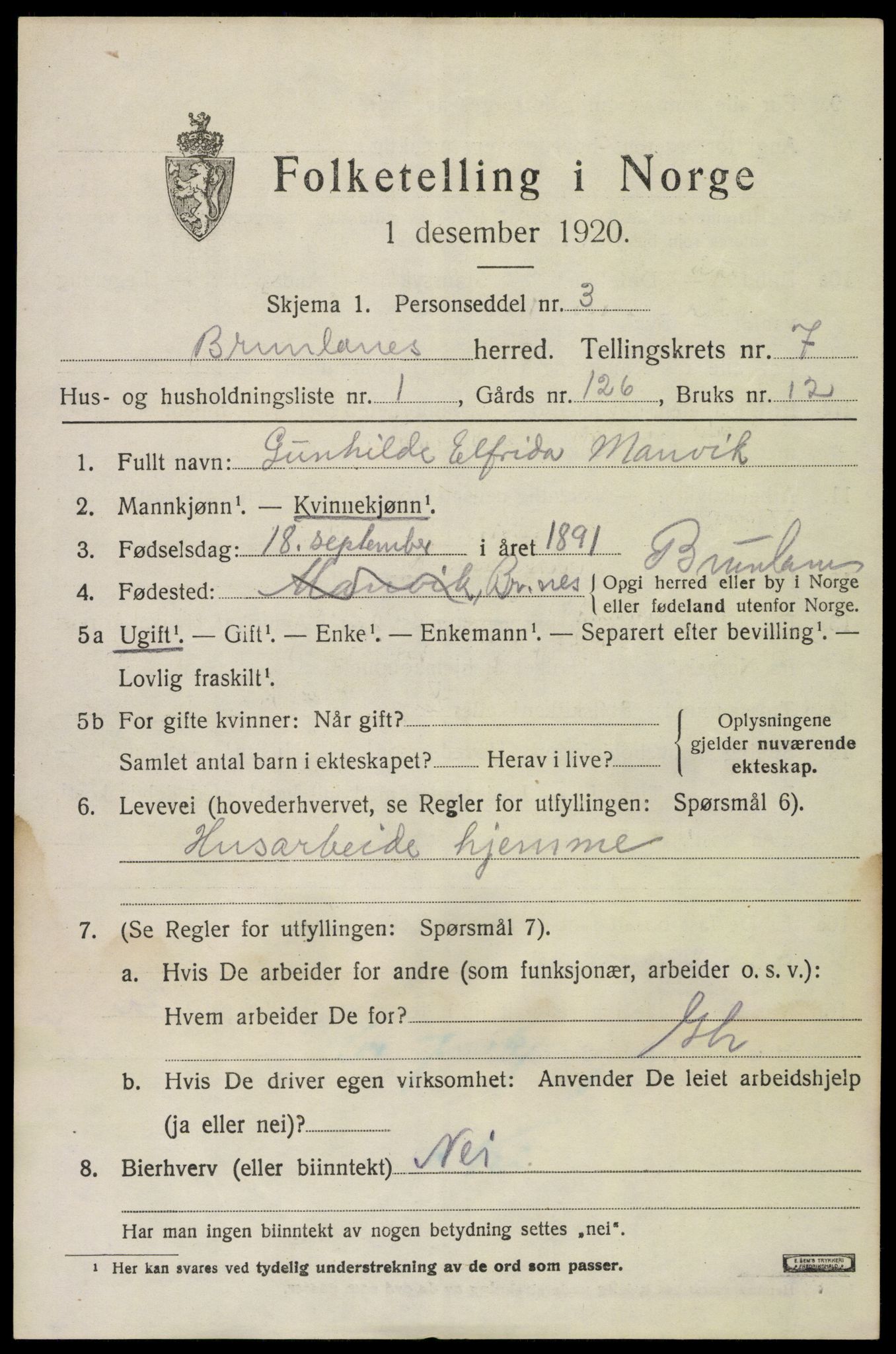 SAKO, 1920 census for Brunlanes, 1920, p. 7059