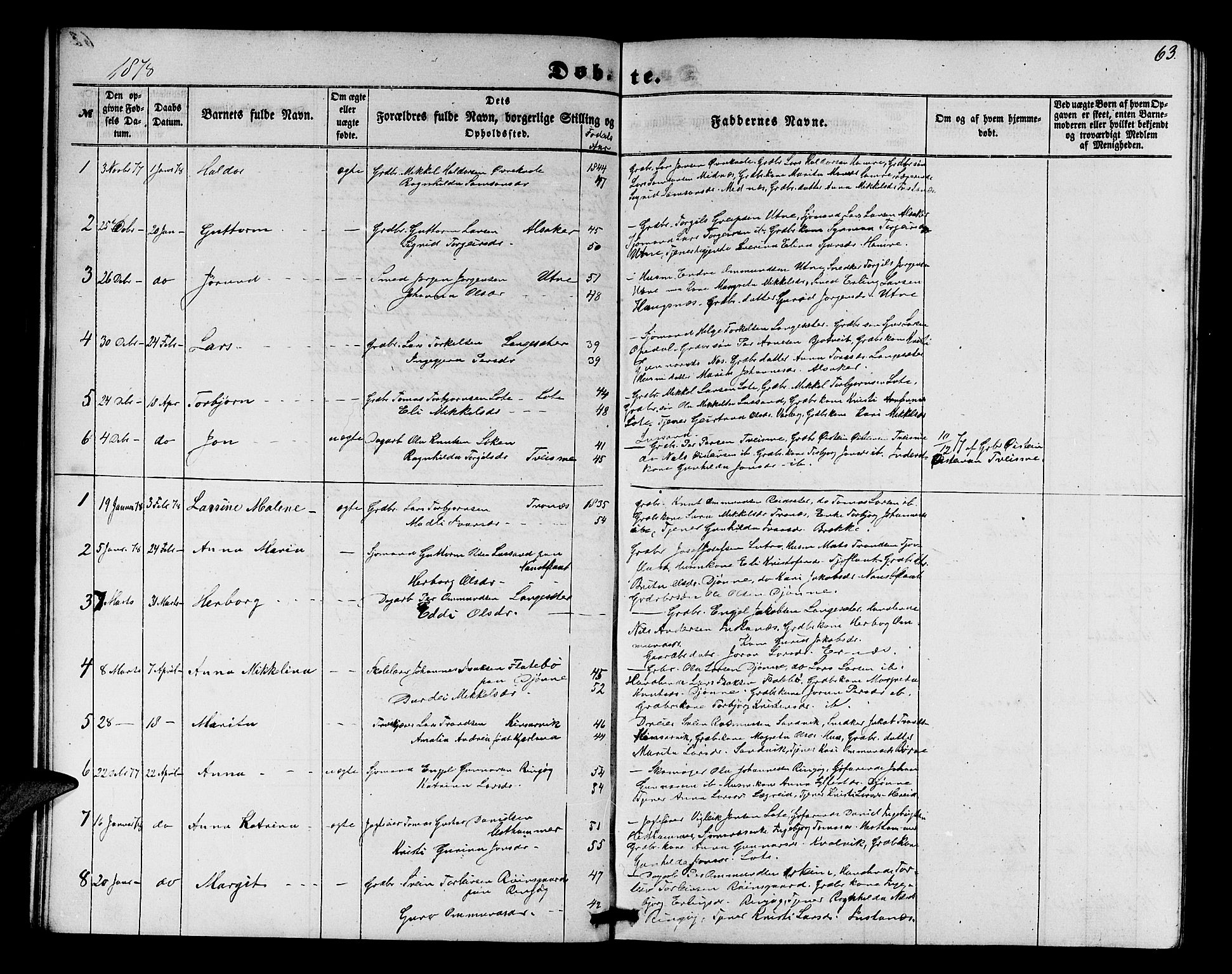 Ullensvang sokneprestembete, SAB/A-78701/H/Hab: Parish register (copy) no. E 6, 1857-1886, p. 63