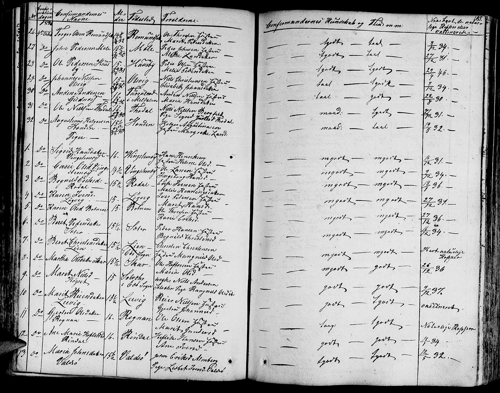 Ministerialprotokoller, klokkerbøker og fødselsregistre - Møre og Romsdal, AV/SAT-A-1454/578/L0904: Parish register (official) no. 578A03, 1836-1858, p. 185