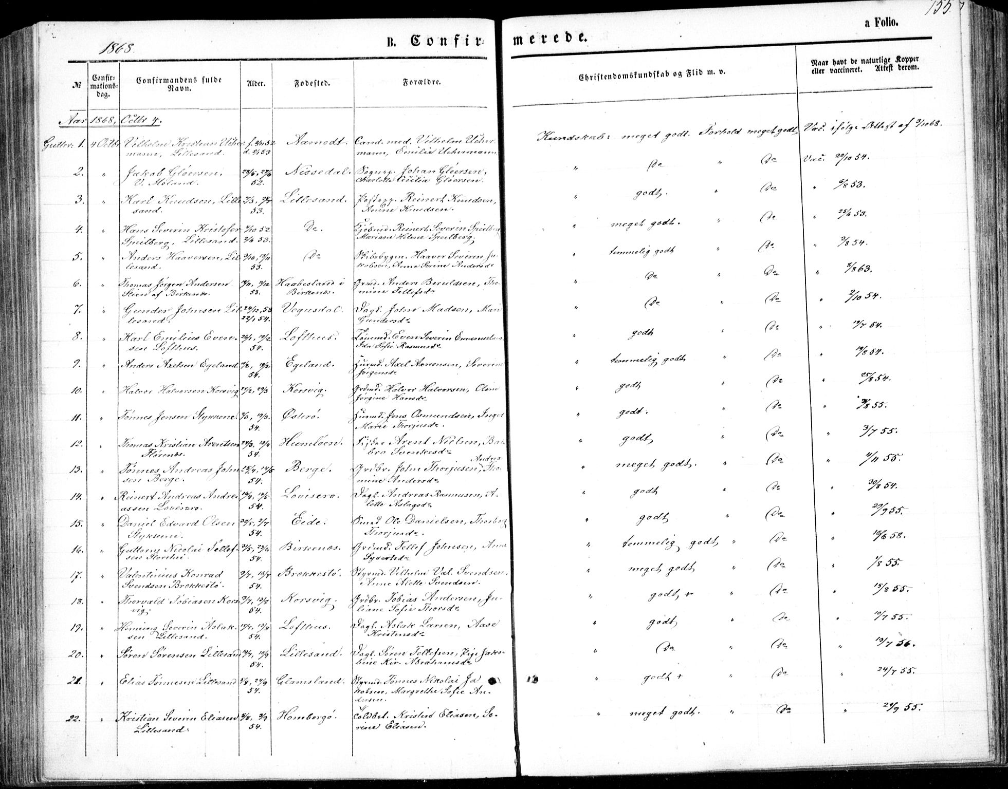 Vestre Moland sokneprestkontor, SAK/1111-0046/F/Fb/Fbb/L0004: Parish register (copy) no. B 4, 1861-1872, p. 155