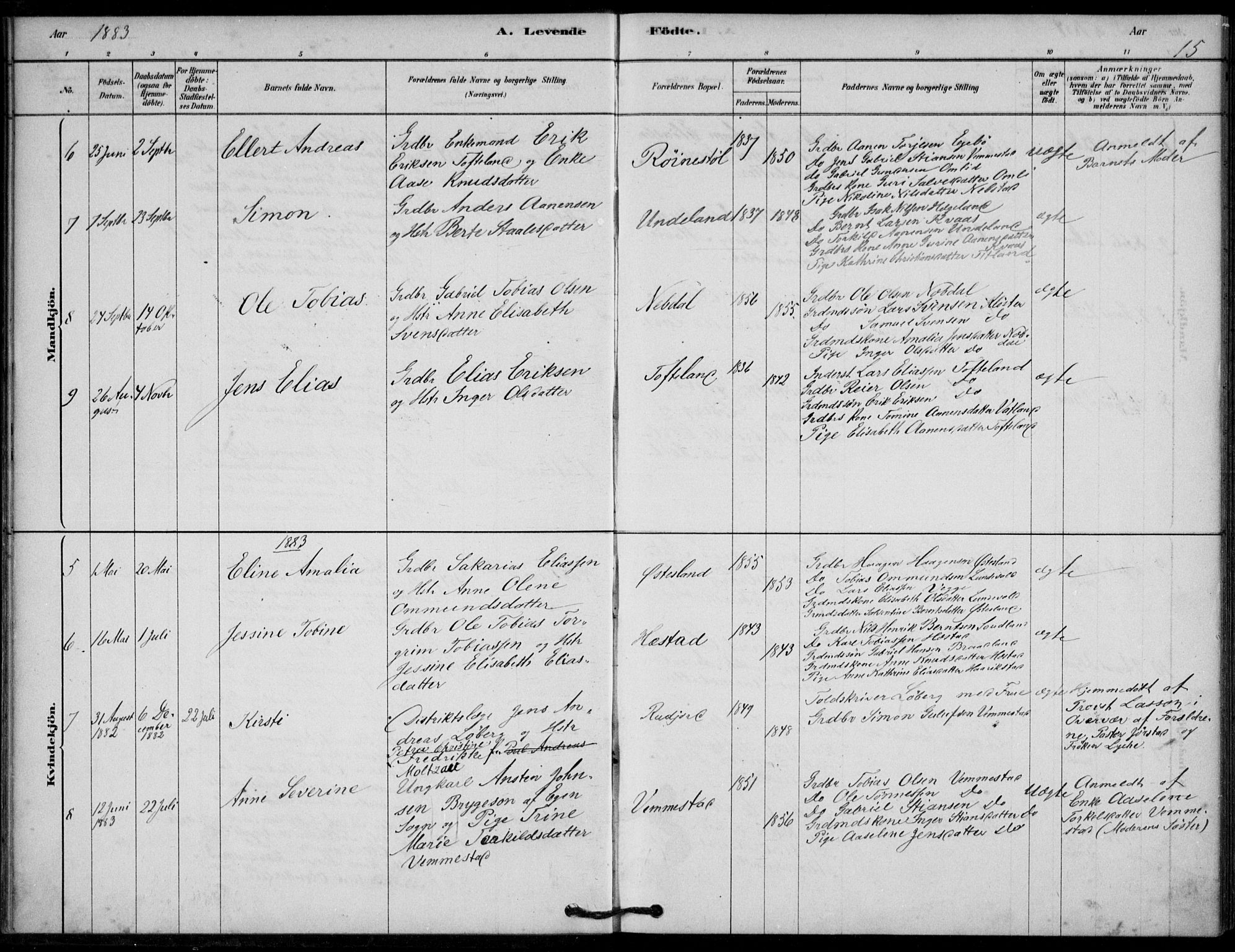 Lyngdal sokneprestkontor, SAK/1111-0029/F/Fa/Fab/L0003: Parish register (official) no. A 3, 1878-1903, p. 15