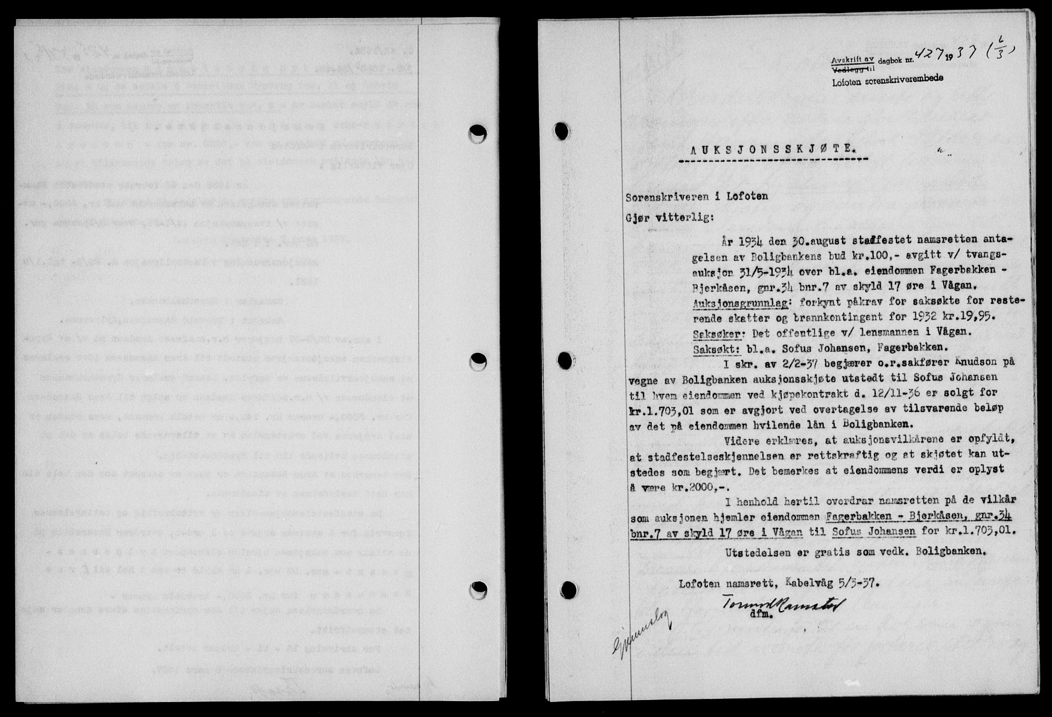 Lofoten sorenskriveri, SAT/A-0017/1/2/2C/L0002a: Mortgage book no. 2a, 1937-1937, Diary no: : 427/1937