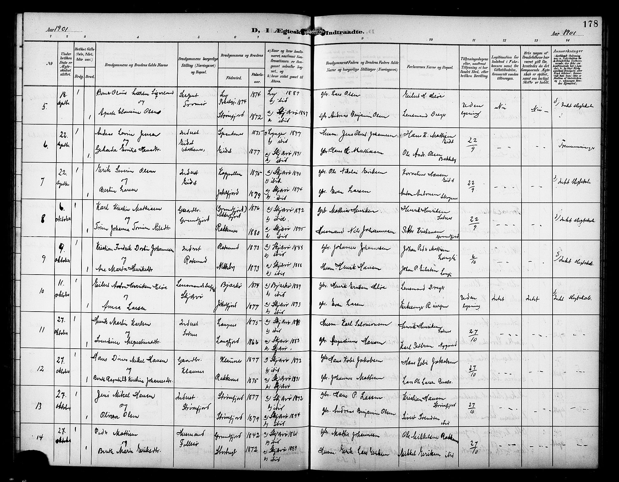 Skjervøy sokneprestkontor, AV/SATØ-S-1300/H/Ha/Hab/L0008klokker: Parish register (copy) no. 8, 1900-1910, p. 178