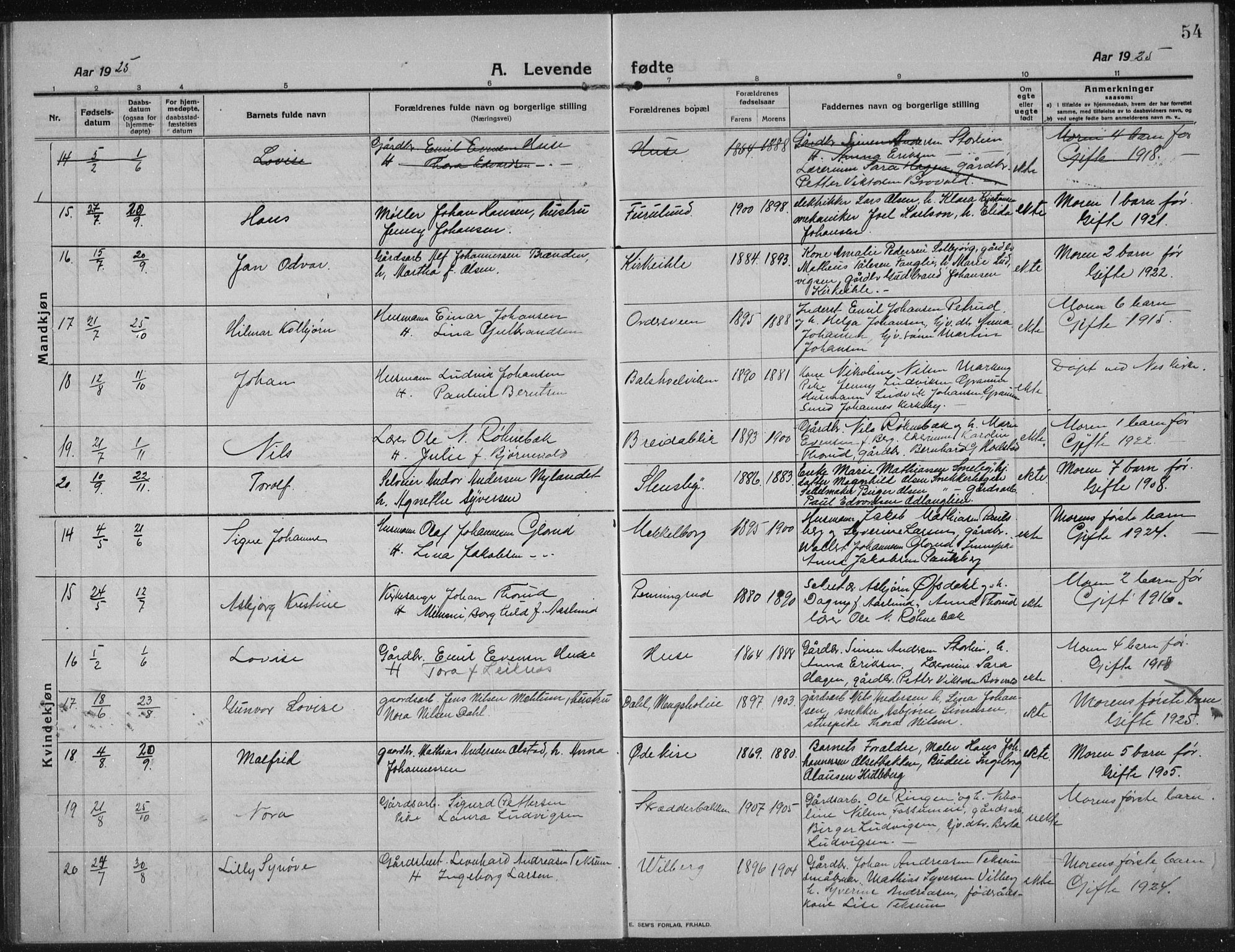 Nes prestekontor, Hedmark, AV/SAH-PREST-020/L/La/L0009: Parish register (copy) no. 9, 1913-1936, p. 54