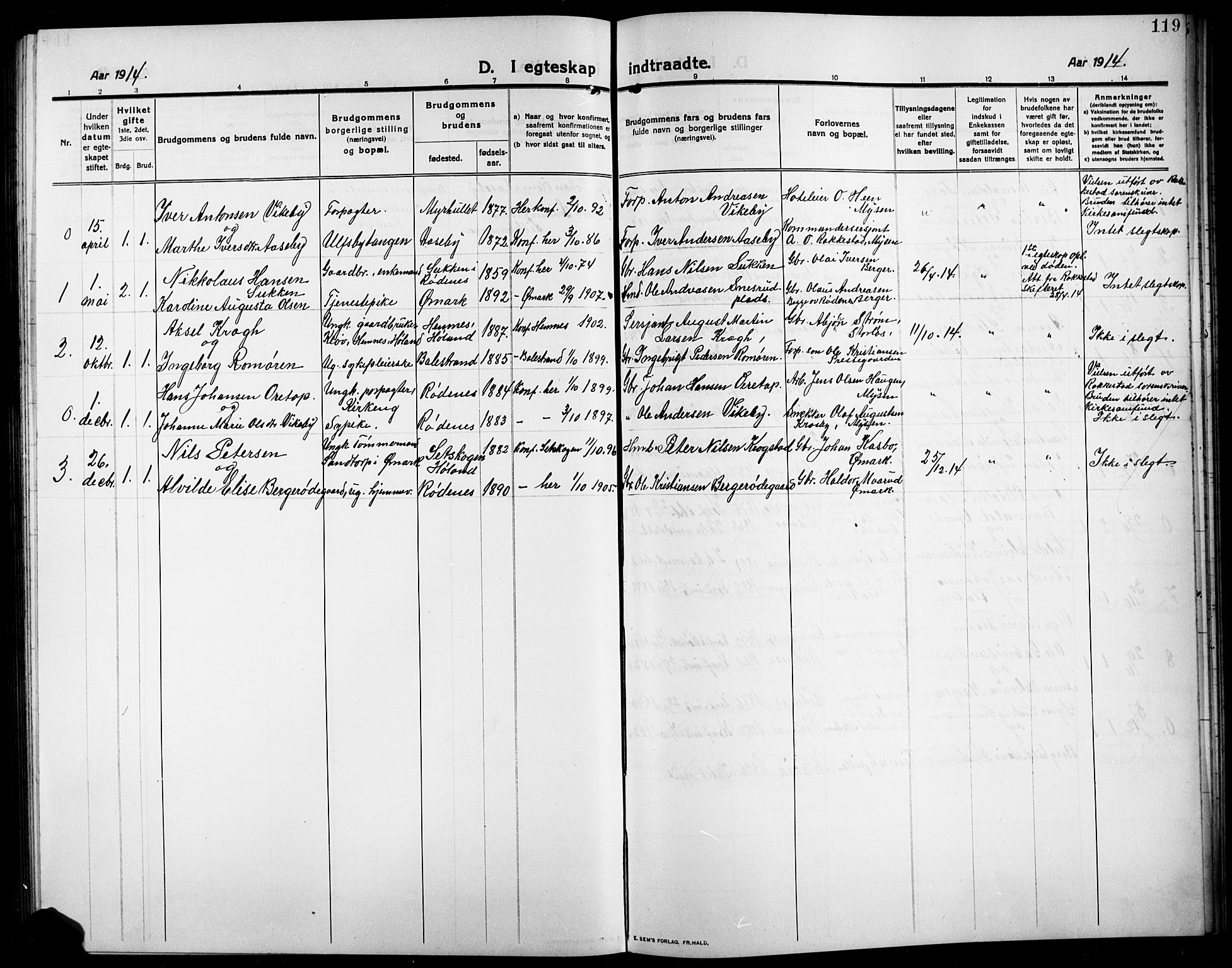 Rødenes prestekontor Kirkebøker, SAO/A-2005/G/Ga/L0003: Parish register (copy) no. I 3, 1911-1926, p. 119