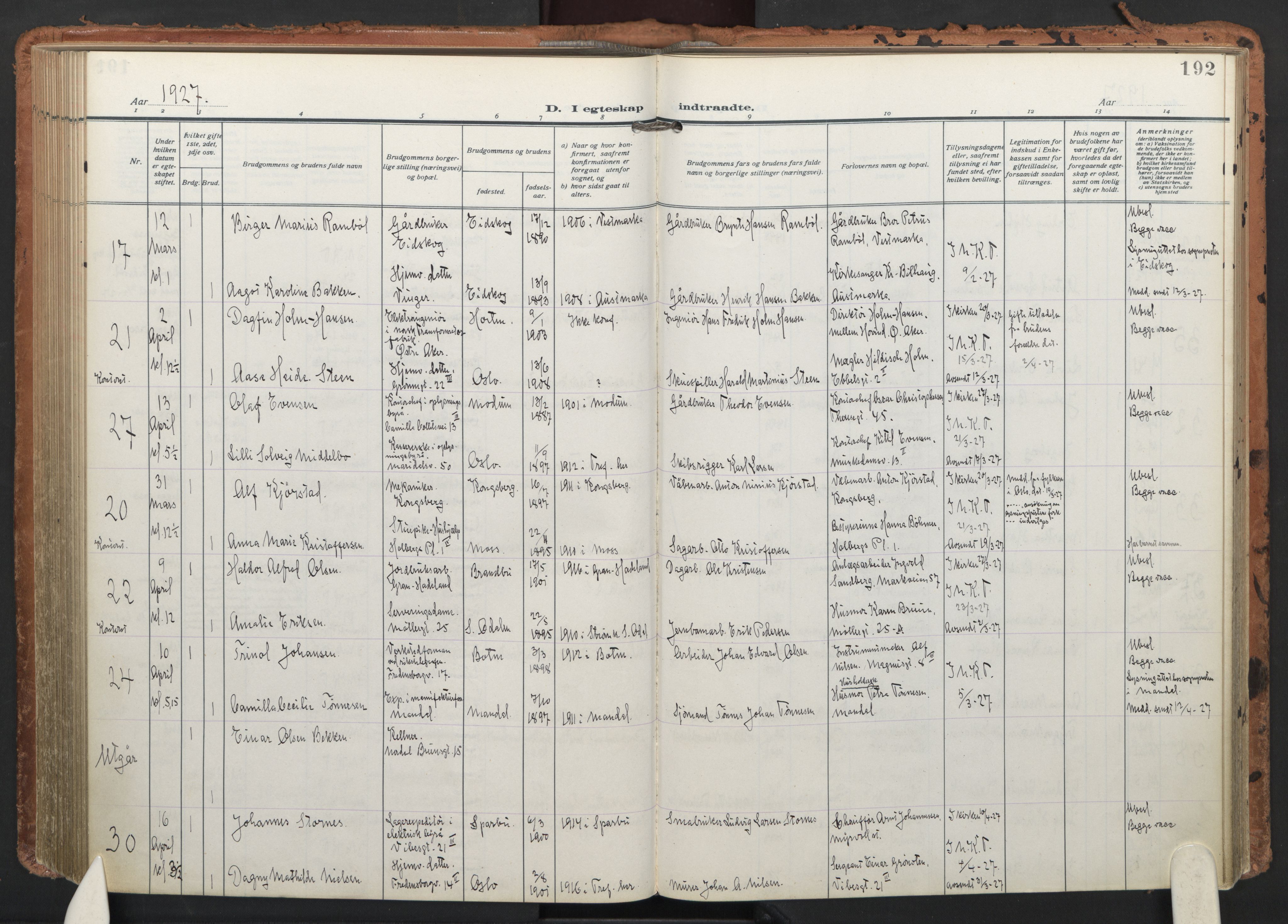 Trefoldighet prestekontor Kirkebøker, AV/SAO-A-10882/F/Fc/L0008: Parish register (official) no. III 8, 1920-1932, p. 192