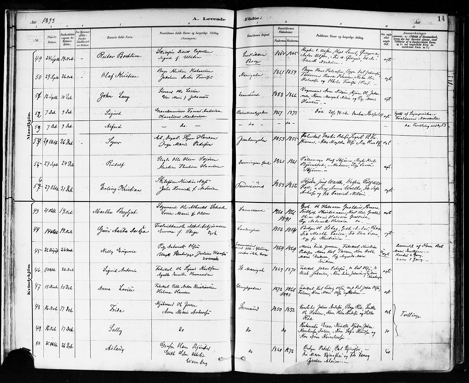Sarpsborg prestekontor Kirkebøker, AV/SAO-A-2006/F/Fa/L0004: Parish register (official) no. 4, 1892-1899, p. 14