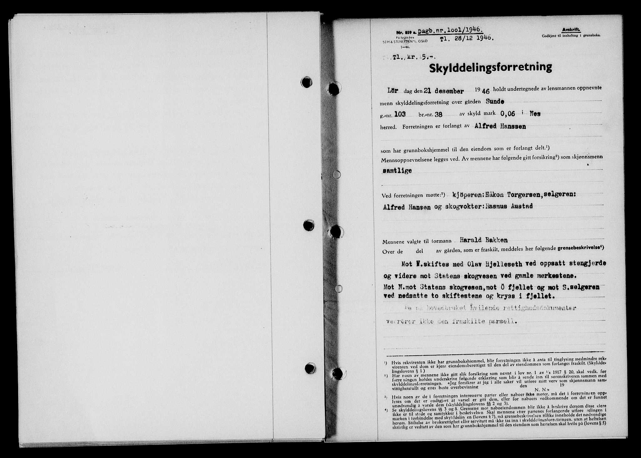 Flekkefjord sorenskriveri, AV/SAK-1221-0001/G/Gb/Gba/L0061: Mortgage book no. A-9, 1946-1947, Diary no: : 1001/1946