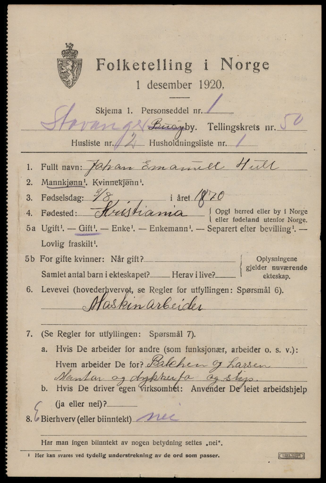 SAST, 1920 census for Stavanger, 1920, p. 119878