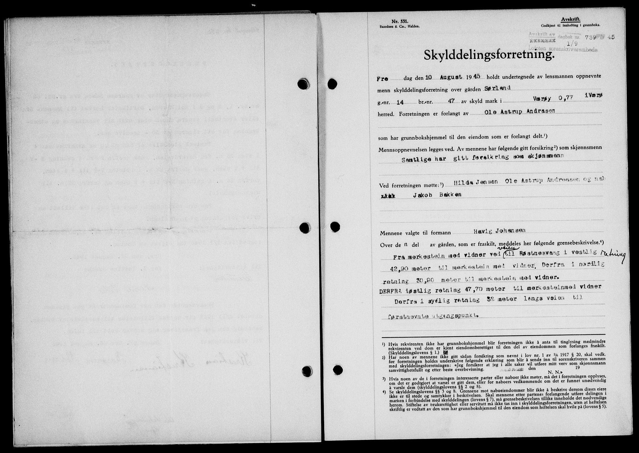Lofoten sorenskriveri, SAT/A-0017/1/2/2C/L0013a: Mortgage book no. 13a, 1944-1946, Diary no: : 739/1945