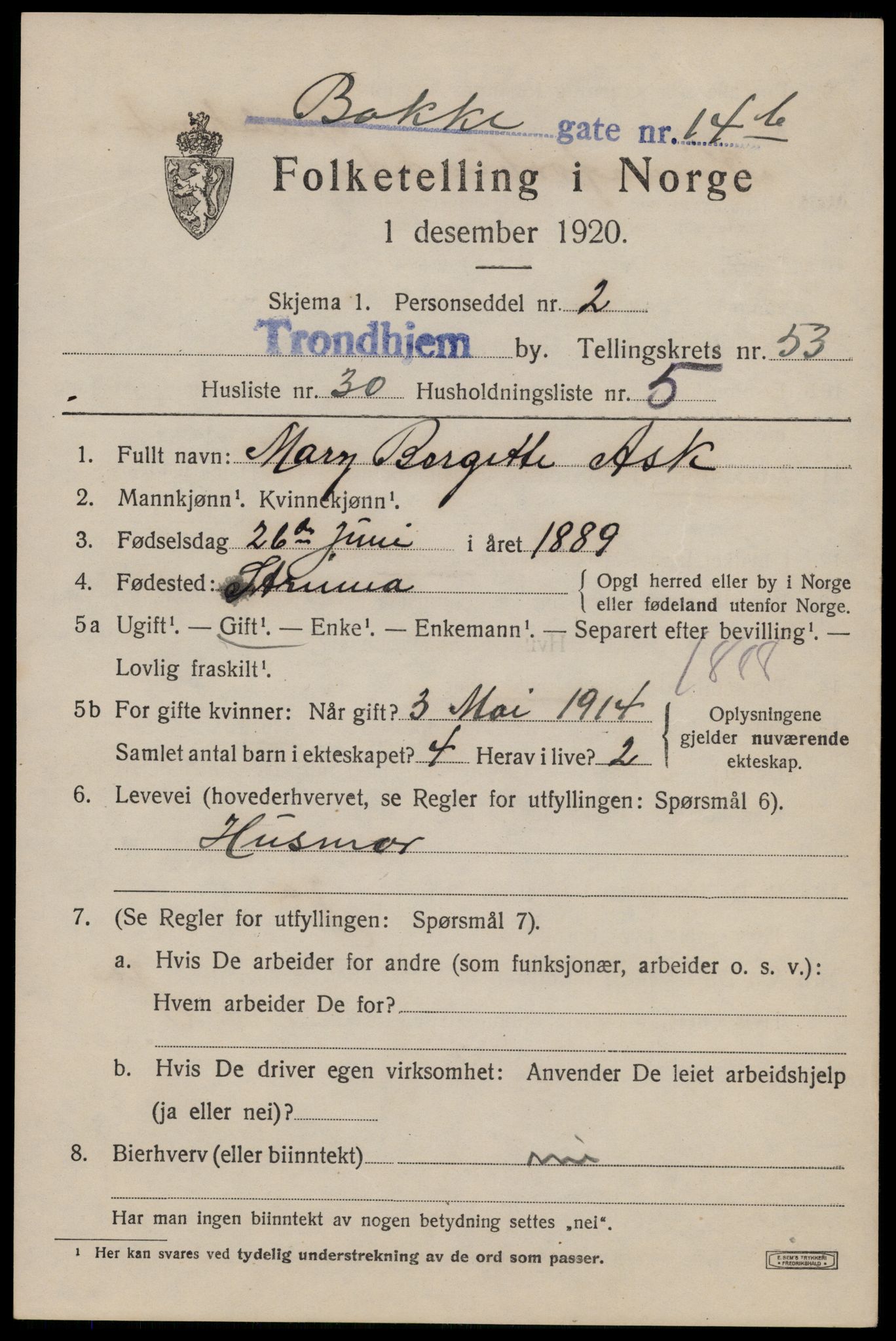 SAT, 1920 census for Trondheim, 1920, p. 109508