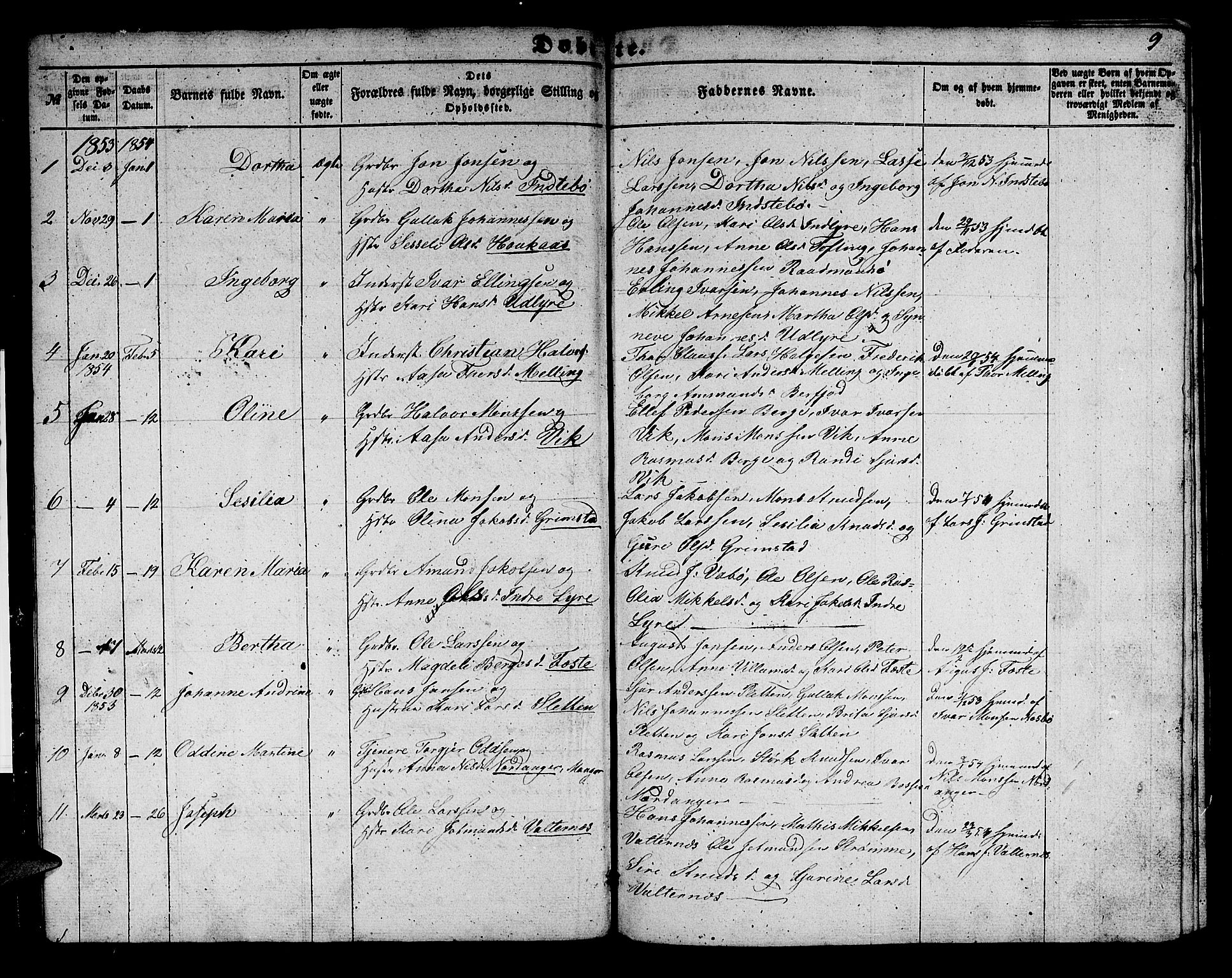 Alversund Sokneprestembete, SAB/A-73901/H/Ha/Hab: Parish register (copy) no. B 1, 1852-1865, p. 9