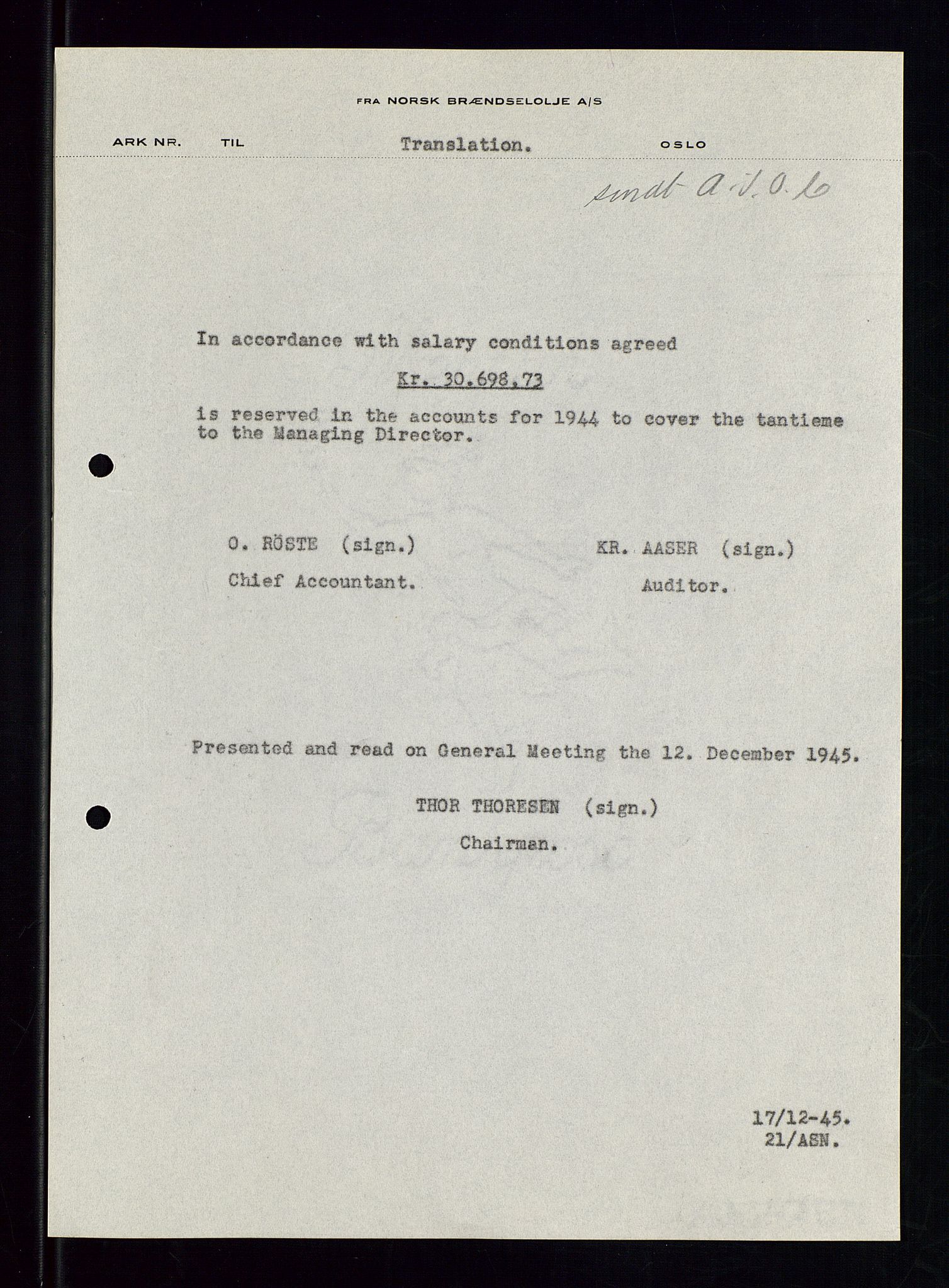 PA 1544 - Norsk Brændselolje A/S, AV/SAST-A-101965/1/A/Aa/L0004/0002: Generalforsamling / Generalforsam,ing 1945, 1946, 1945-1946, p. 78