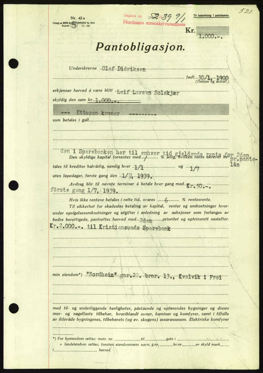 Nordmøre sorenskriveri, SAT/A-4132/1/2/2Ca: Mortgage book no. B84, 1938-1939, Diary no: : 52/1939