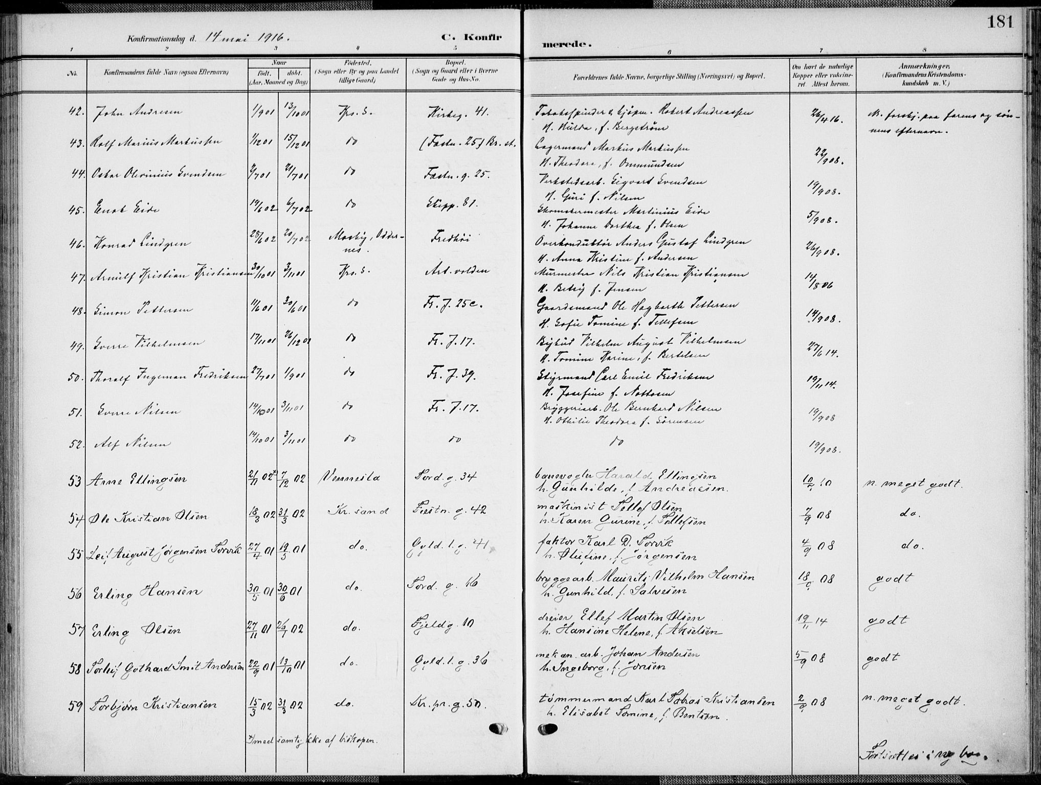 Kristiansand domprosti, SAK/1112-0006/F/Fa/L0022: Parish register (official) no. A 21, 1905-1916, p. 181