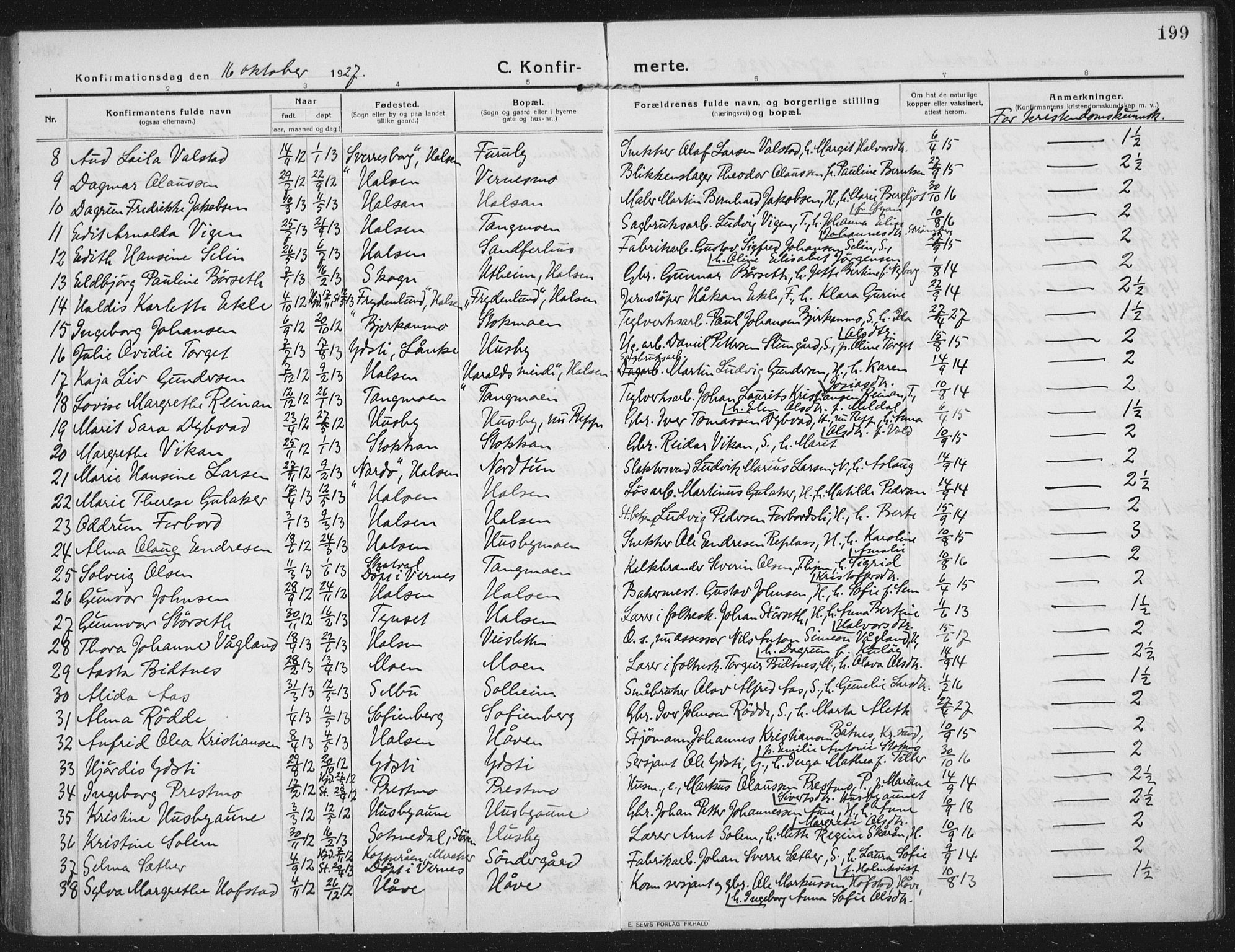 Ministerialprotokoller, klokkerbøker og fødselsregistre - Nord-Trøndelag, SAT/A-1458/709/L0083: Parish register (official) no. 709A23, 1916-1928, p. 199