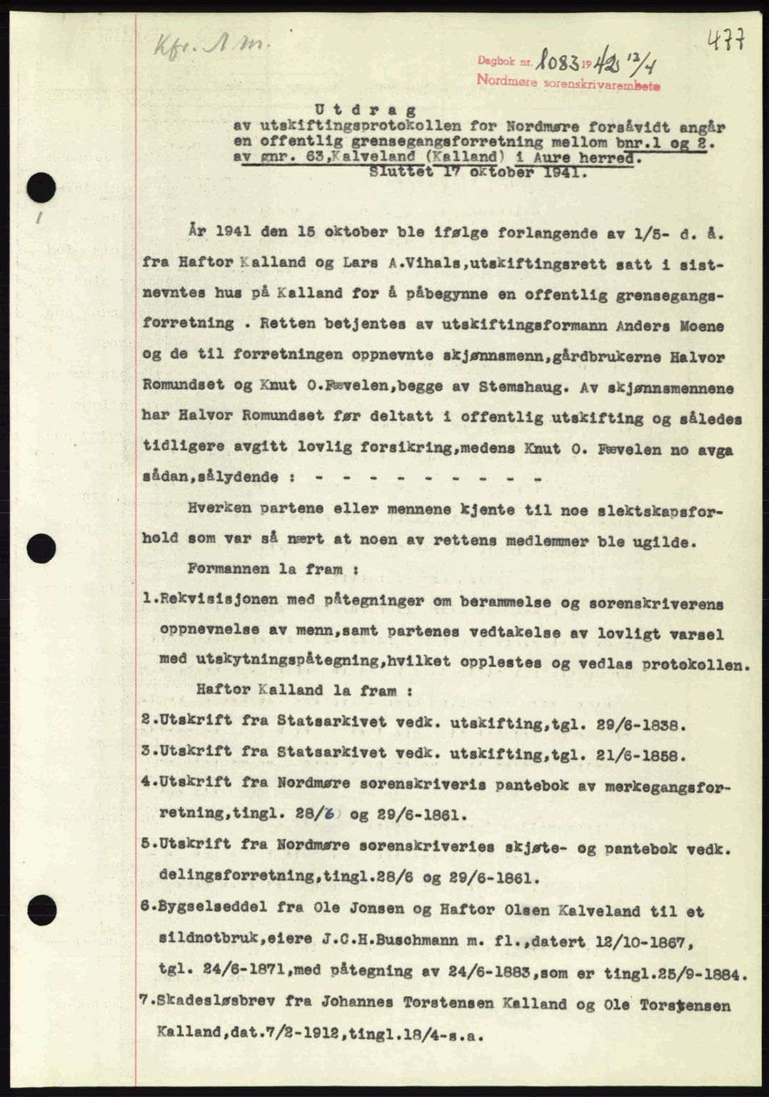 Nordmøre sorenskriveri, AV/SAT-A-4132/1/2/2Ca: Mortgage book no. A92, 1942-1942, Diary no: : 1083/1942