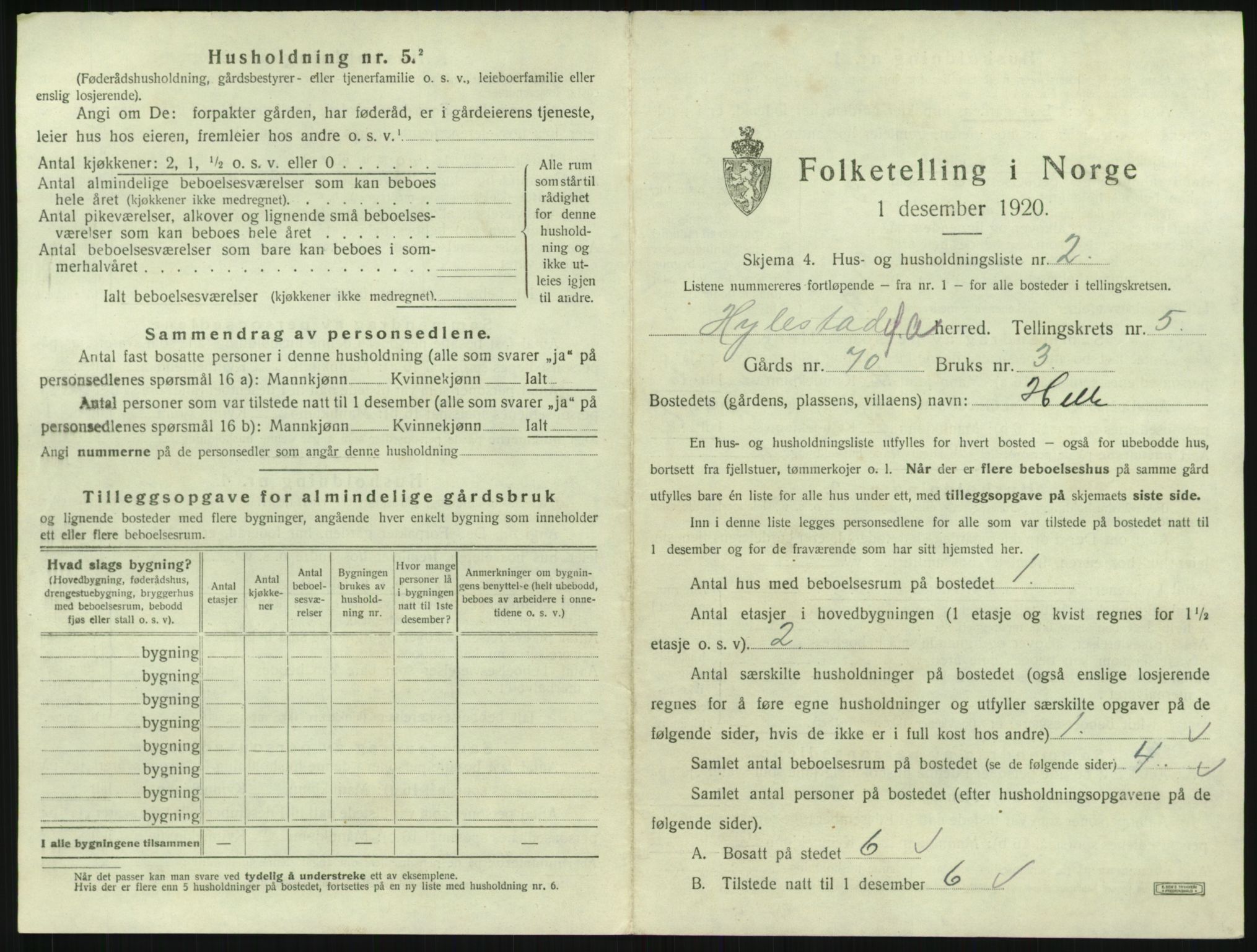SAK, 1920 census for Hylestad, 1920, p. 238