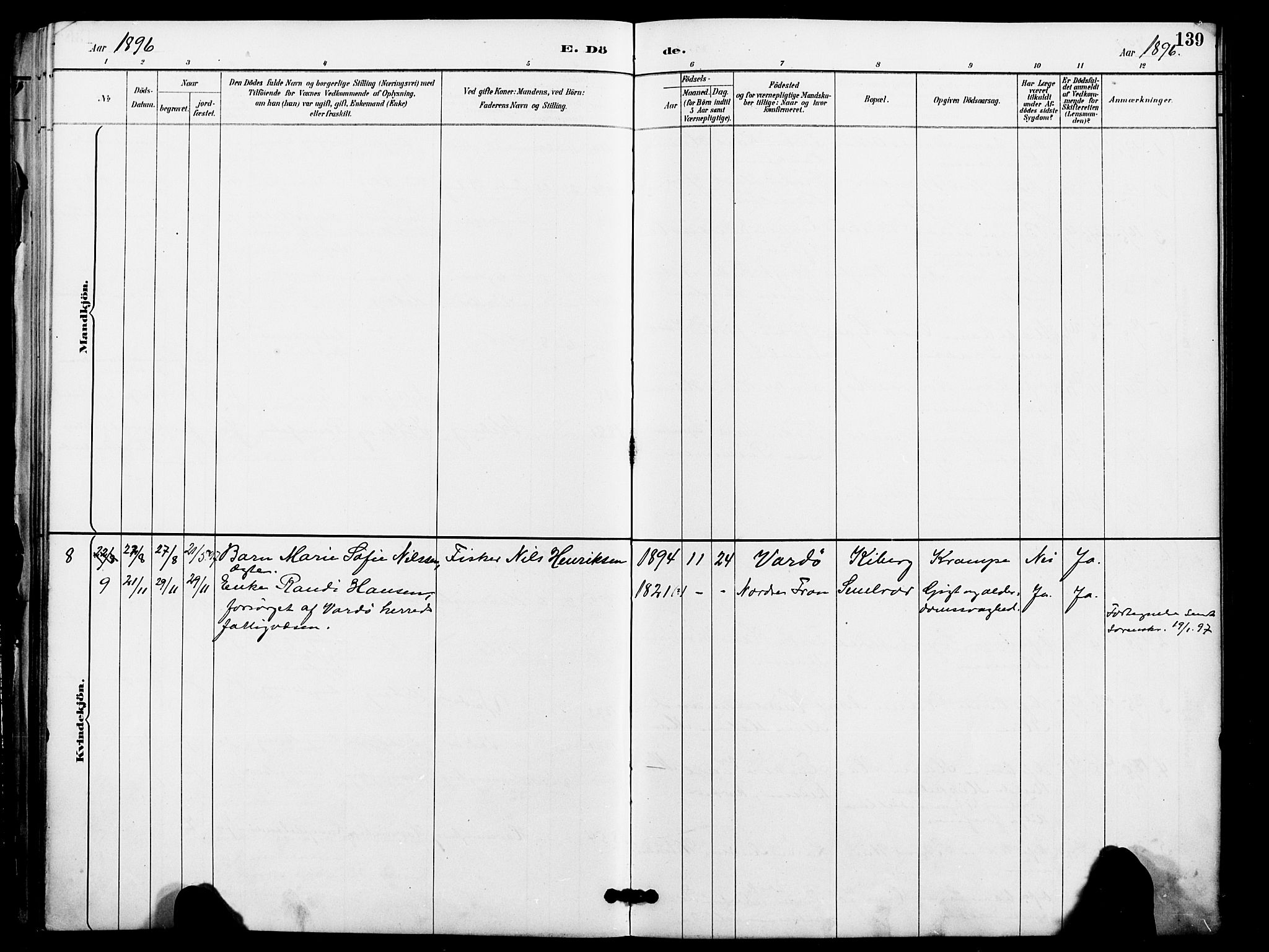 Vardø sokneprestkontor, SATØ/S-1332/H/Ha/L0009kirke: Parish register (official) no. 9, 1887-1898, p. 139
