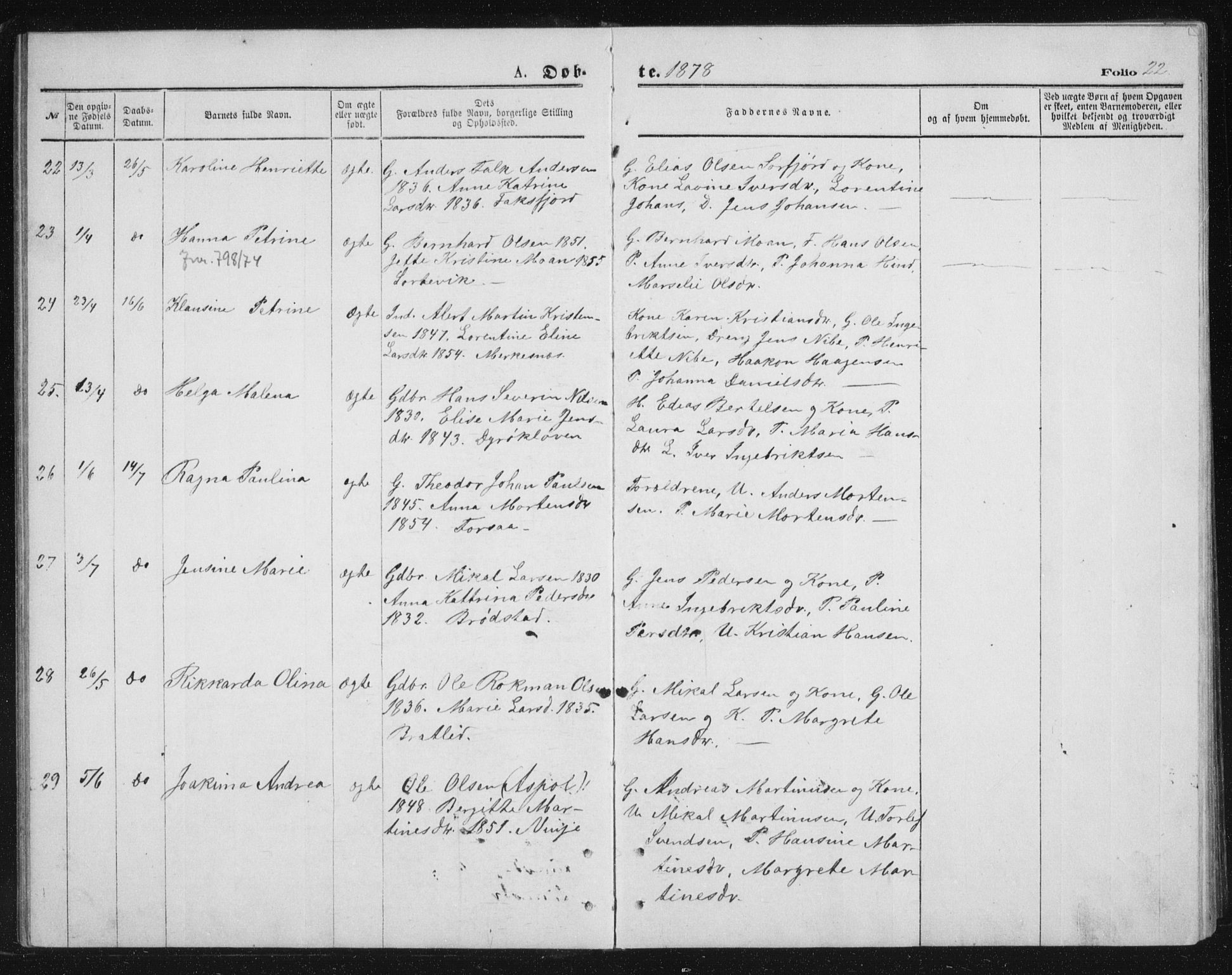 Tranøy sokneprestkontor, SATØ/S-1313/I/Ia/Iab/L0013klokker: Parish register (copy) no. 13, 1874-1896, p. 22