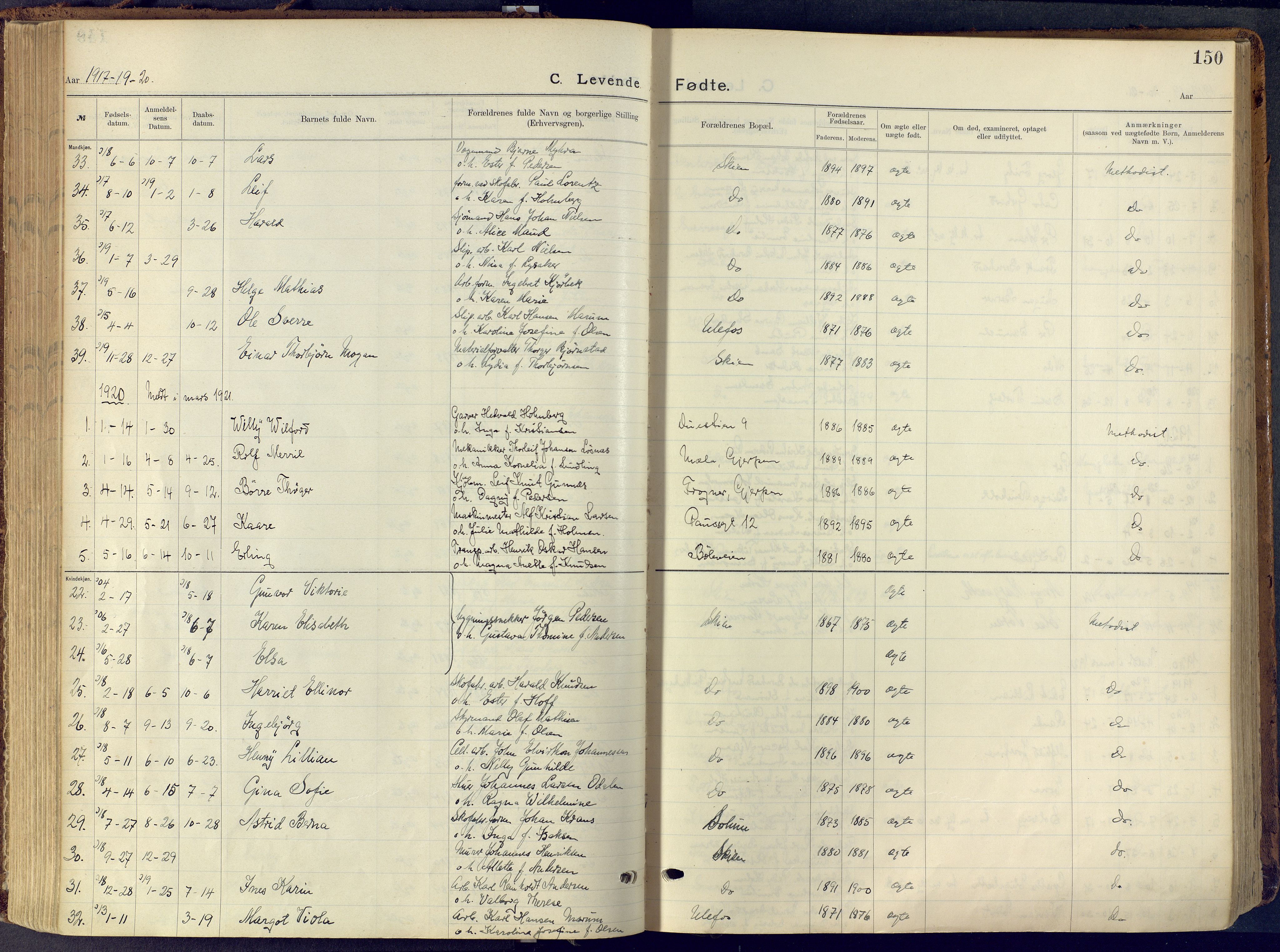 Skien kirkebøker, SAKO/A-302/F/Fa/L0013: Parish register (official) no. 13, 1915-1921, p. 150