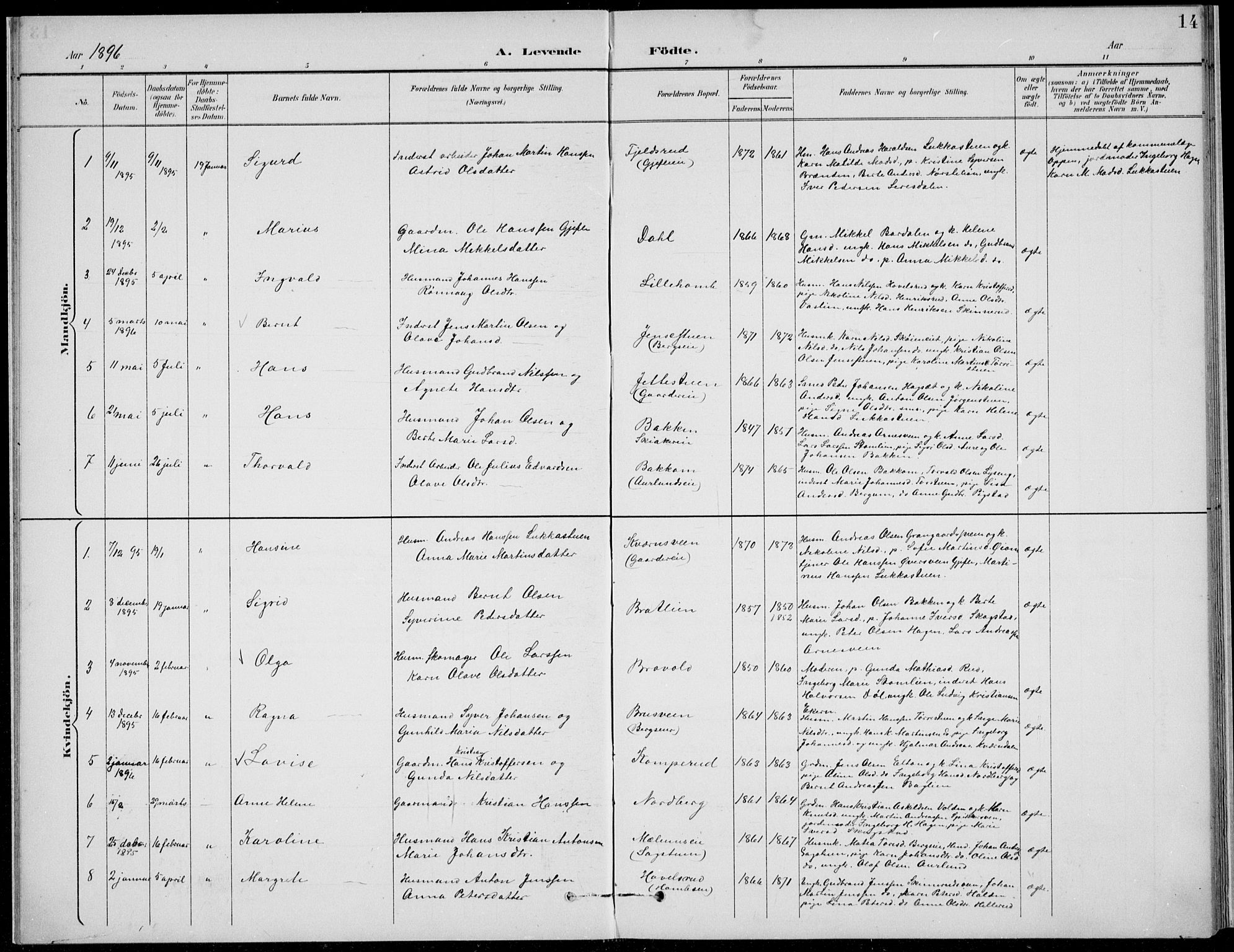 Nordre Land prestekontor, SAH/PREST-124/H/Ha/Hab/L0014: Parish register (copy) no. 14, 1891-1907, p. 14