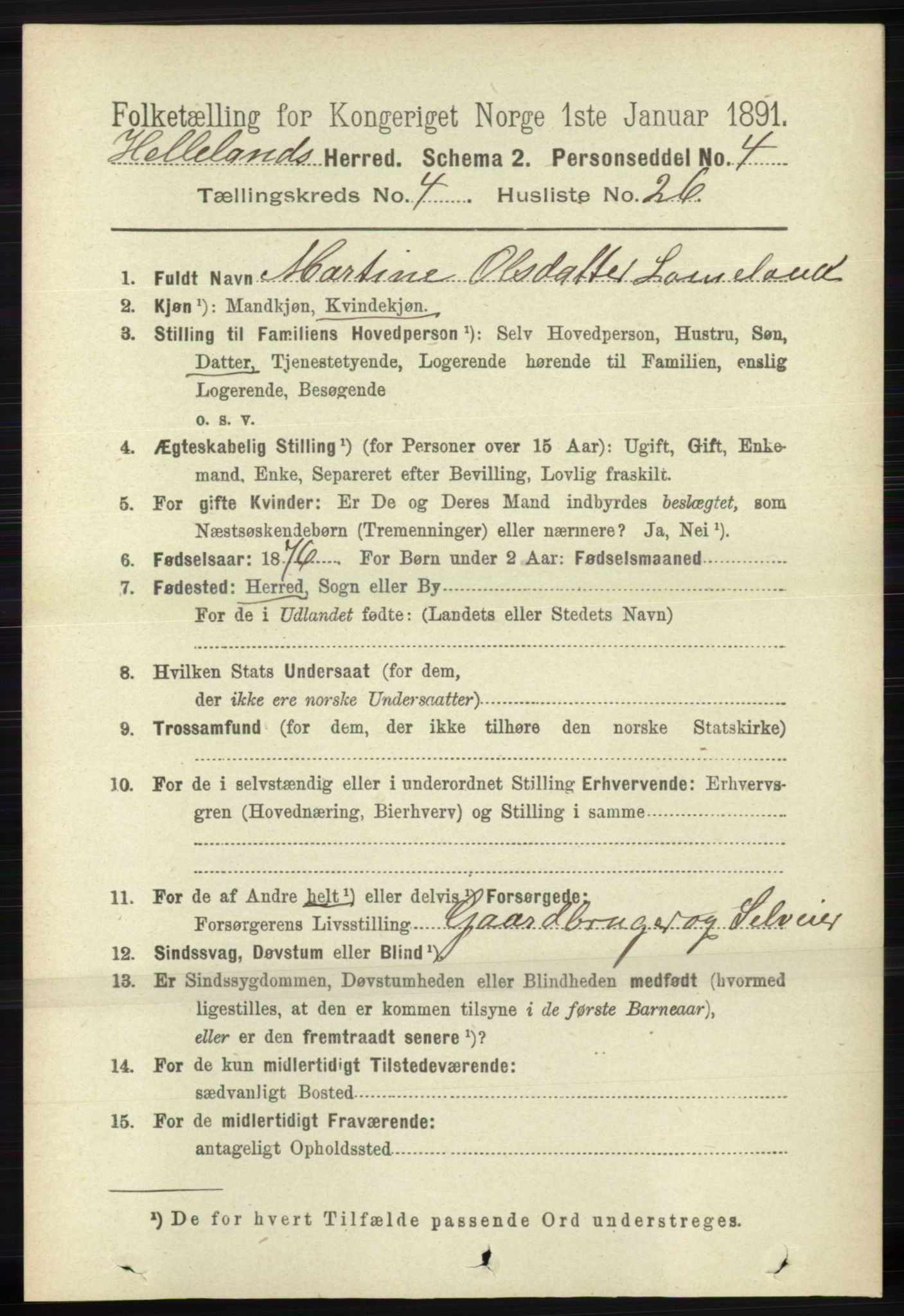 RA, 1891 census for 1115 Helleland, 1891, p. 1319