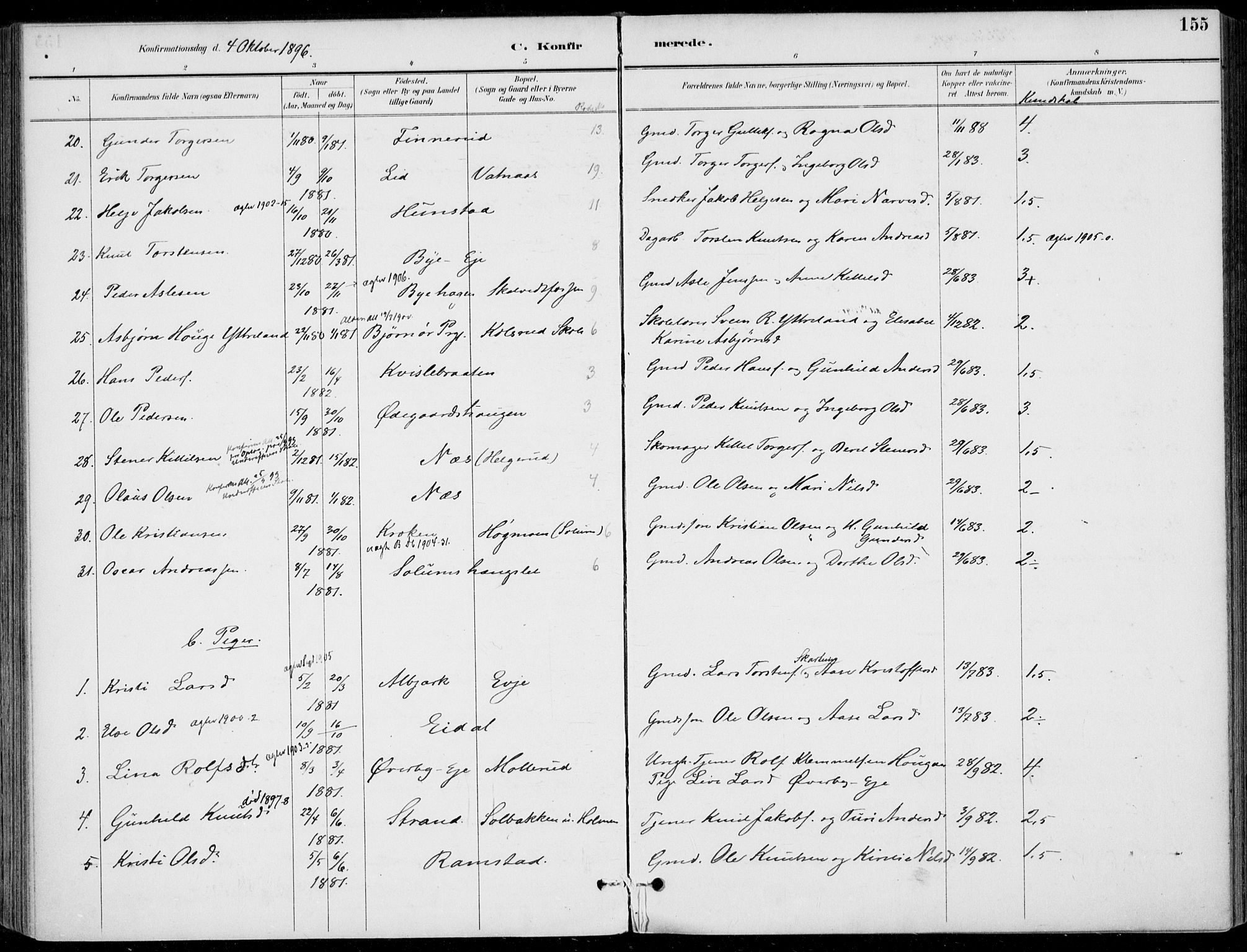 Sigdal kirkebøker, AV/SAKO-A-245/F/Fb/L0001: Parish register (official) no. II 1, 1888-1900, p. 155