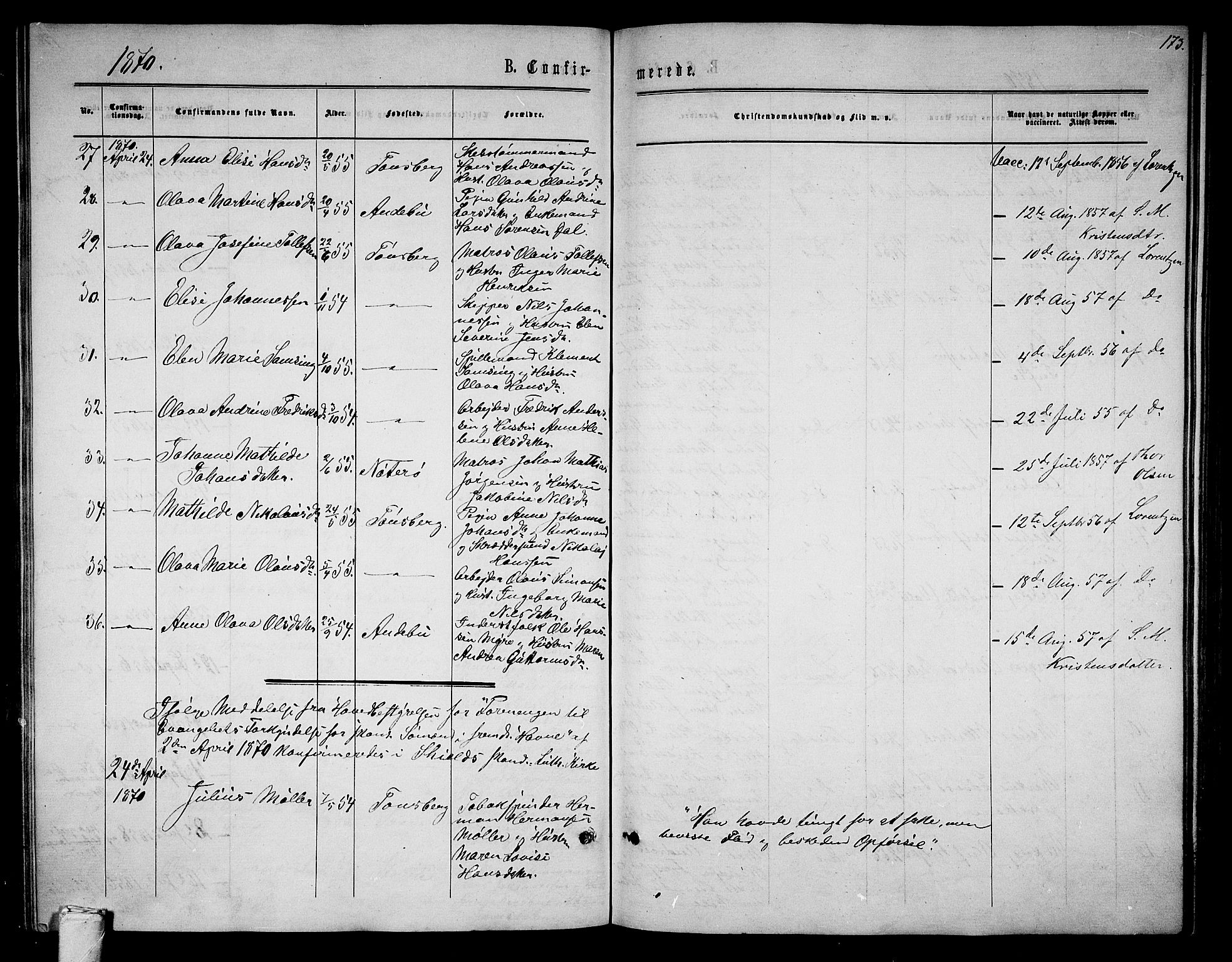 Tønsberg kirkebøker, AV/SAKO-A-330/G/Ga/L0004: Parish register (copy) no. 4, 1865-1874, p. 173