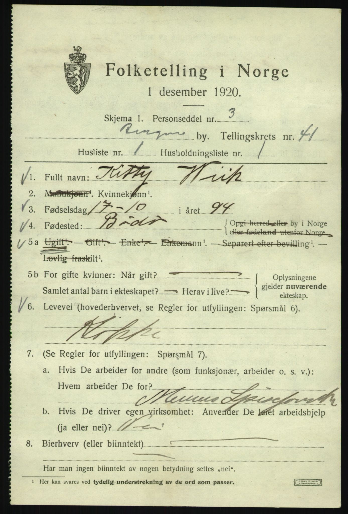 SAB, 1920 census for Bergen, 1920, p. 109224