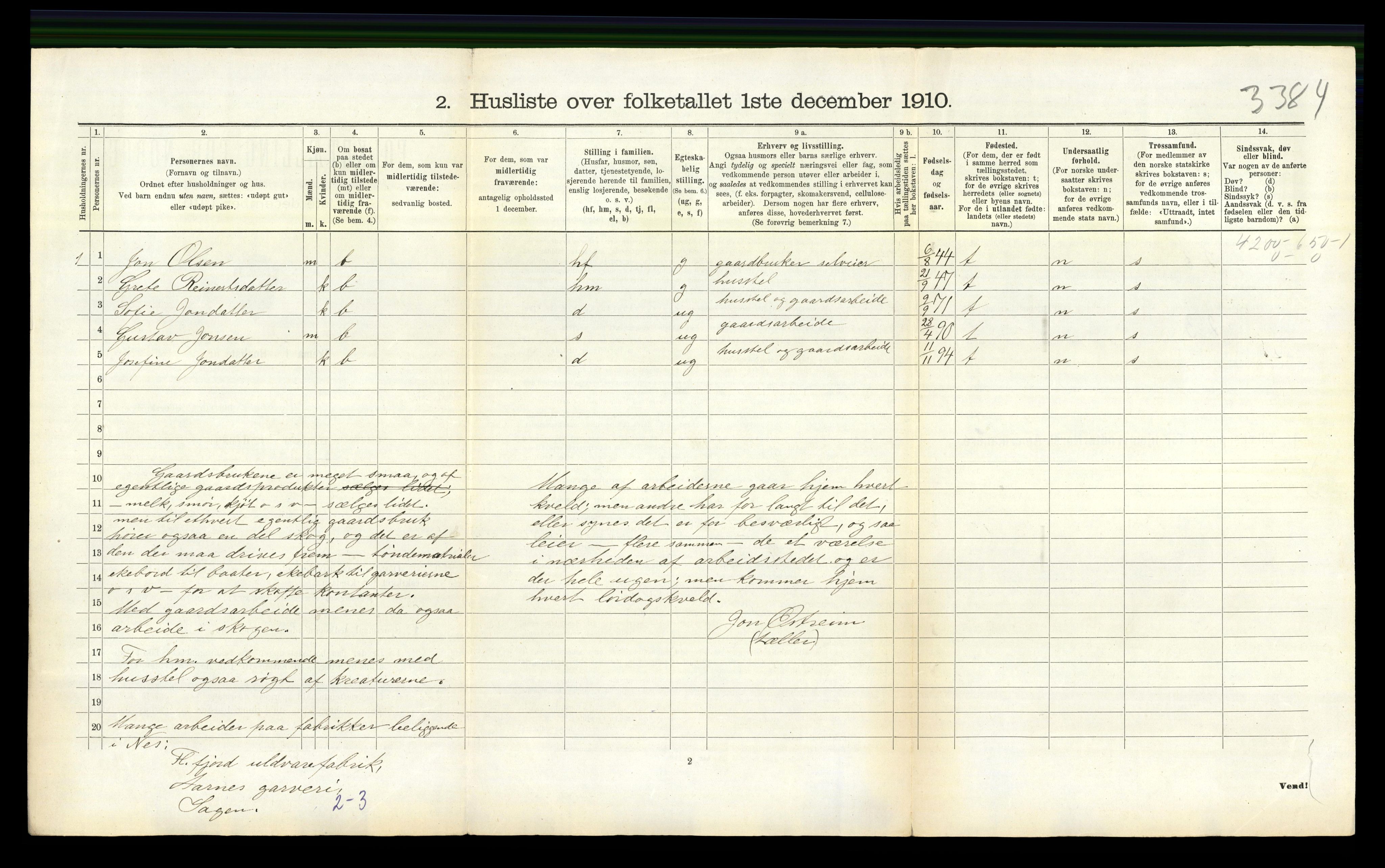 RA, 1910 census for Nes, 1910, p. 362