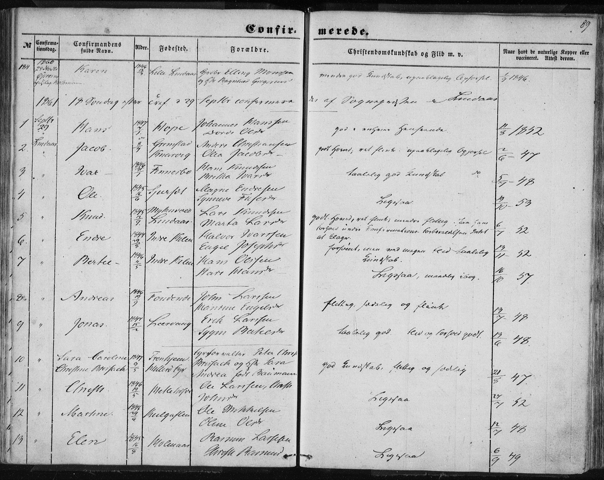 Lindås Sokneprestembete, SAB/A-76701/H/Haa: Parish register (official) no. A 13, 1848-1862, p. 89