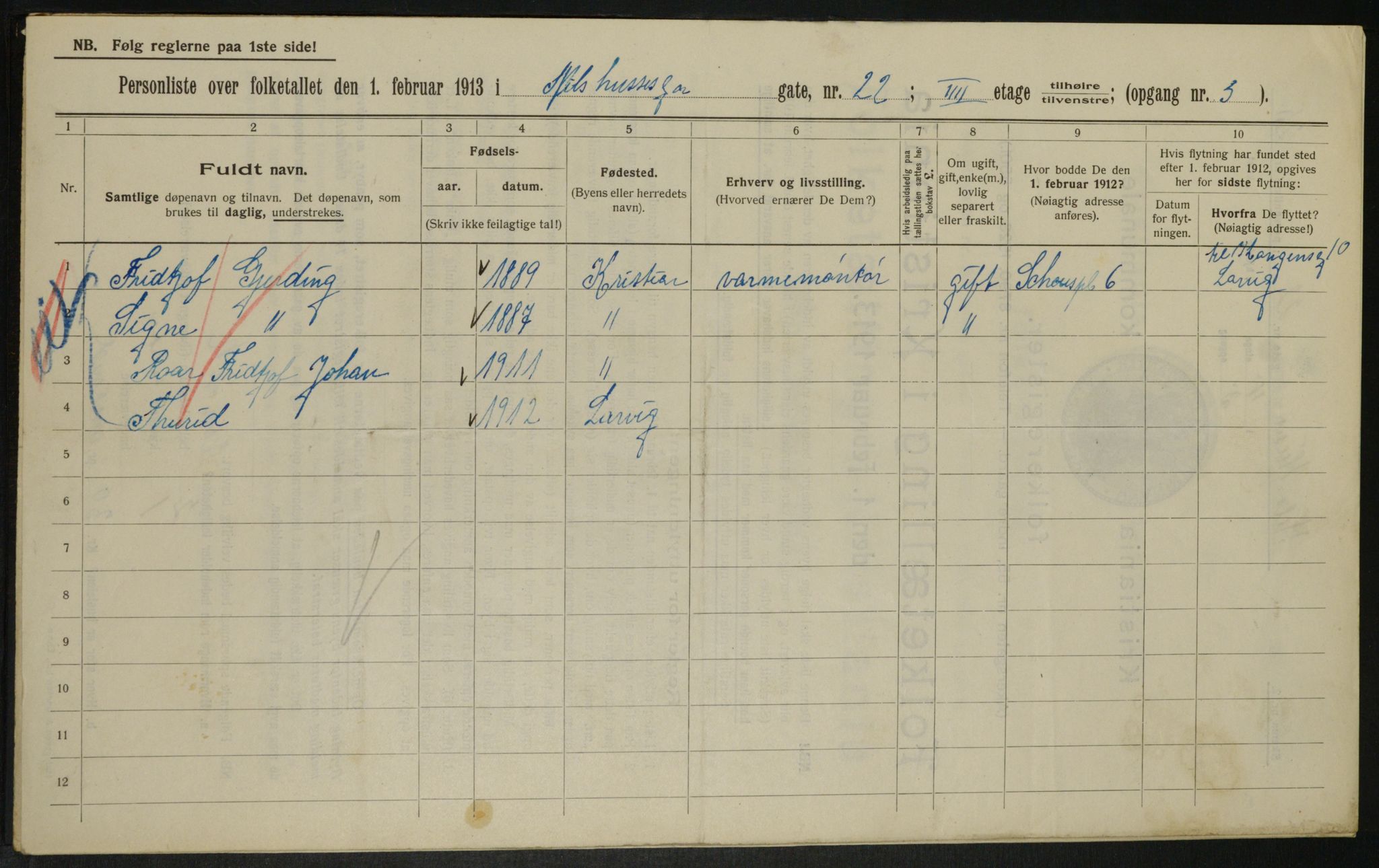 OBA, Municipal Census 1913 for Kristiania, 1913, p. 71122